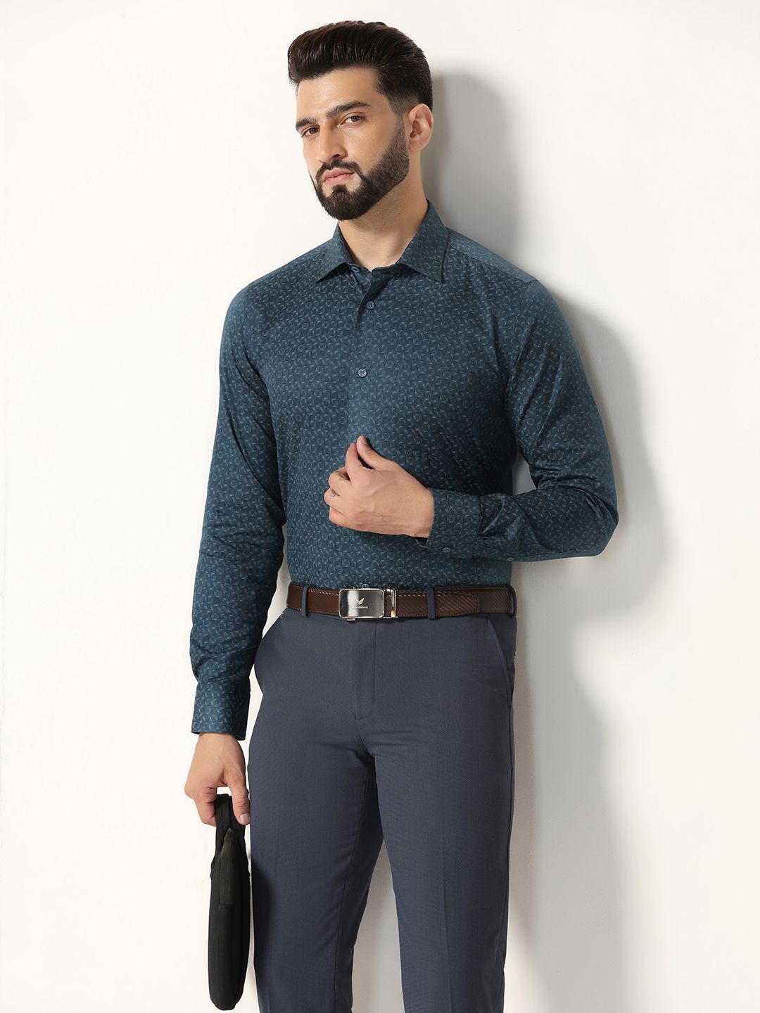 

Blackberrys Men India Spread Collar Micro Ditsy Printed Cotton Slim Fit Casual Shirt, Blue