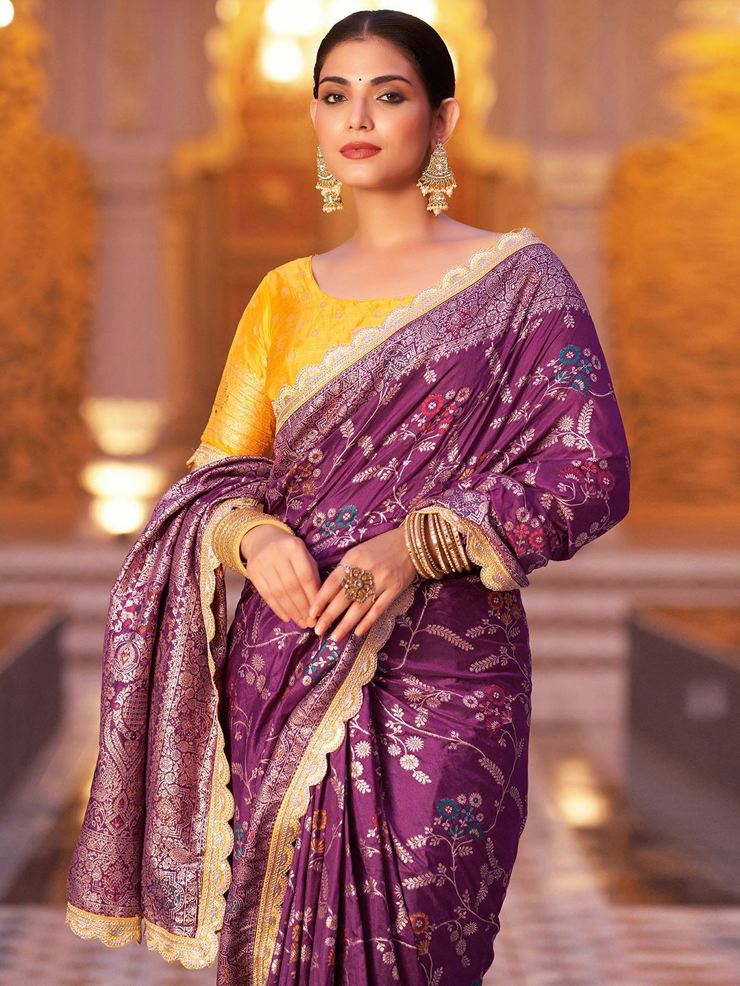 

Satrani Ethnic Motif Zari Woven Embroidered Pure Silk Banarasi Saree, Purple