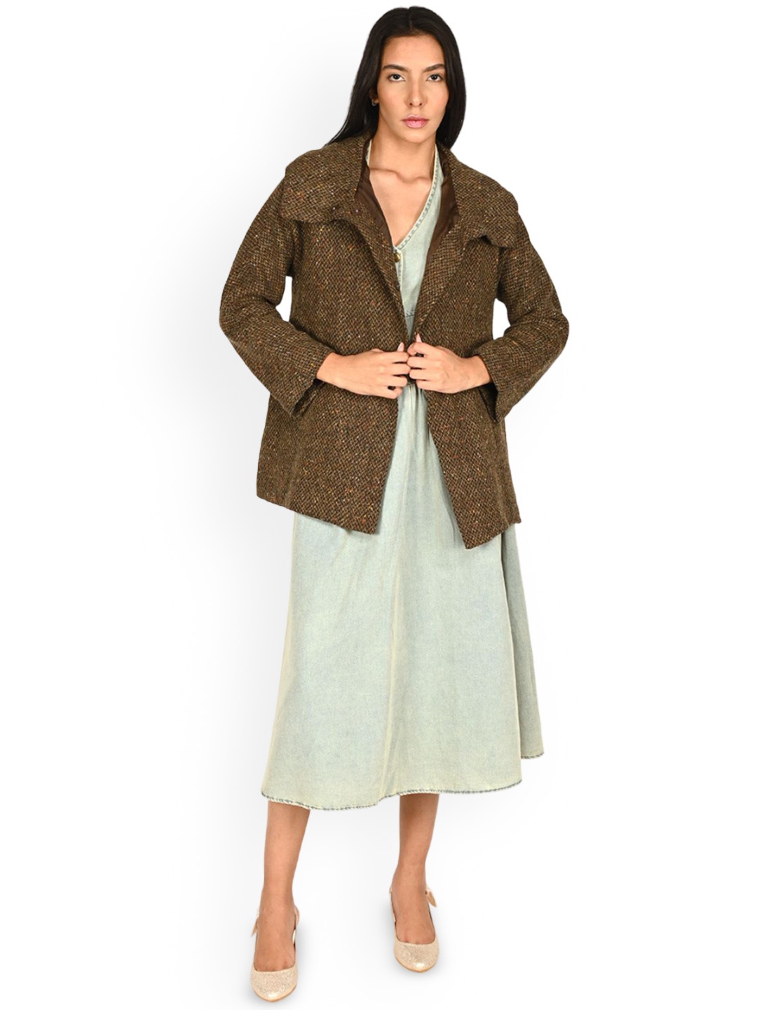

ODETTE Women Washed Open Front Jacket, Green