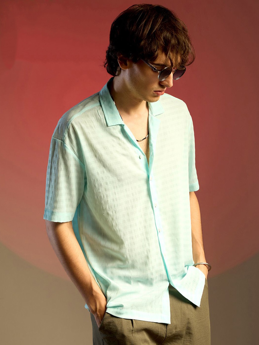 

Campus Sutra Men Comfort Cuban Collar Textured Oversized Casual Shirt, Blue