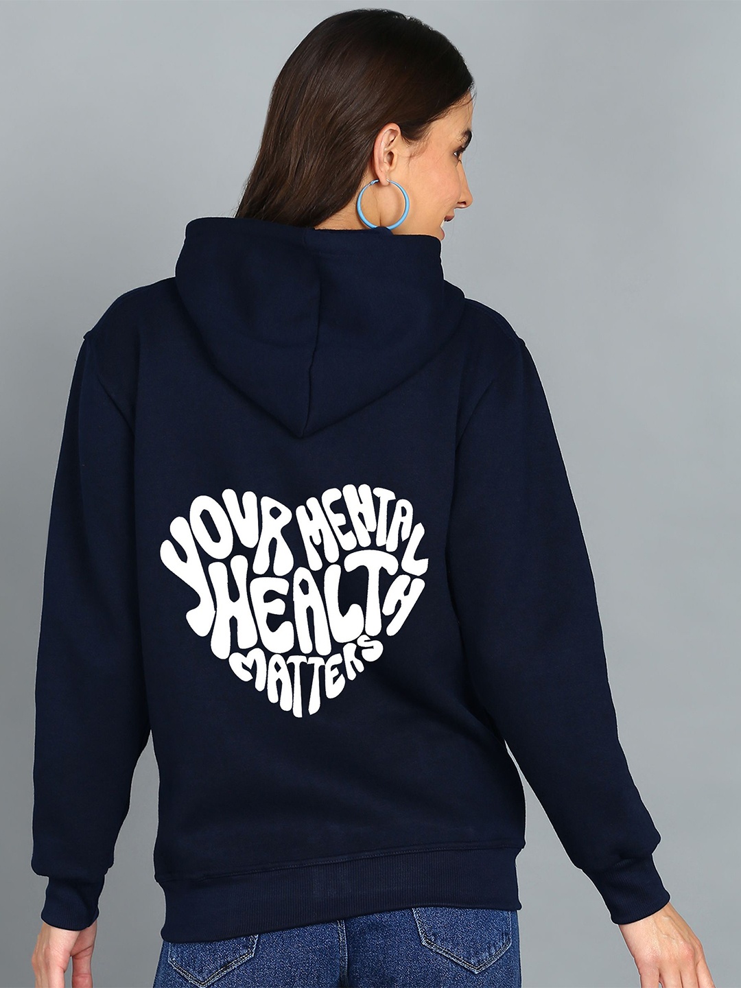 

FALTU.CO Women Typography Printed Zip Detail Hooded Cotton Sweatshirt, Navy blue