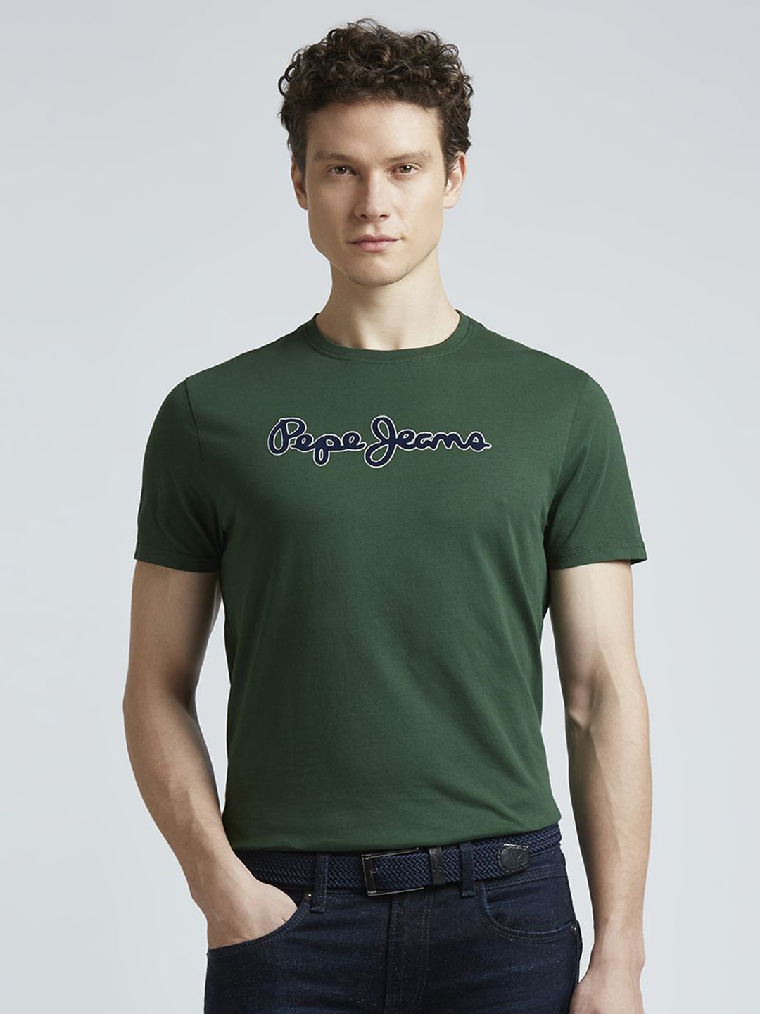 

Pepe Jeans Men Typography Printed Round Neck Pure Cotton Slim Fit T-shirt, Green