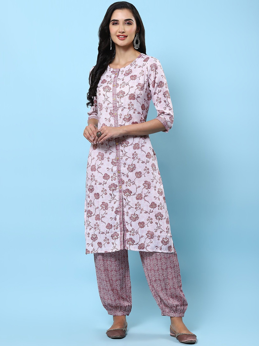 

Shree Floral Printed Liva Staight Kurta with Harem Pants, Pink