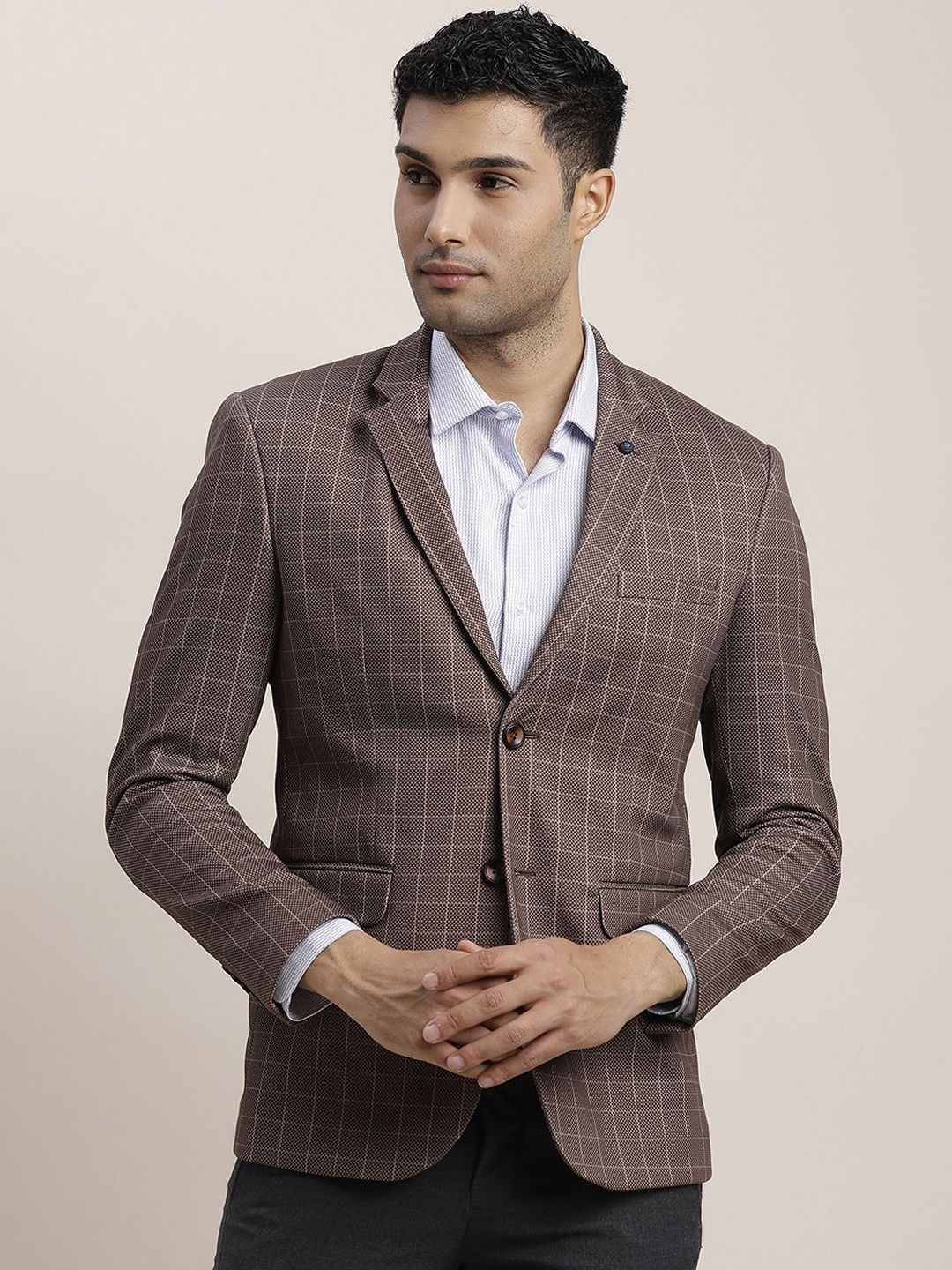 

Turtle Checked Single-Breasted Causal Blazer, Brown