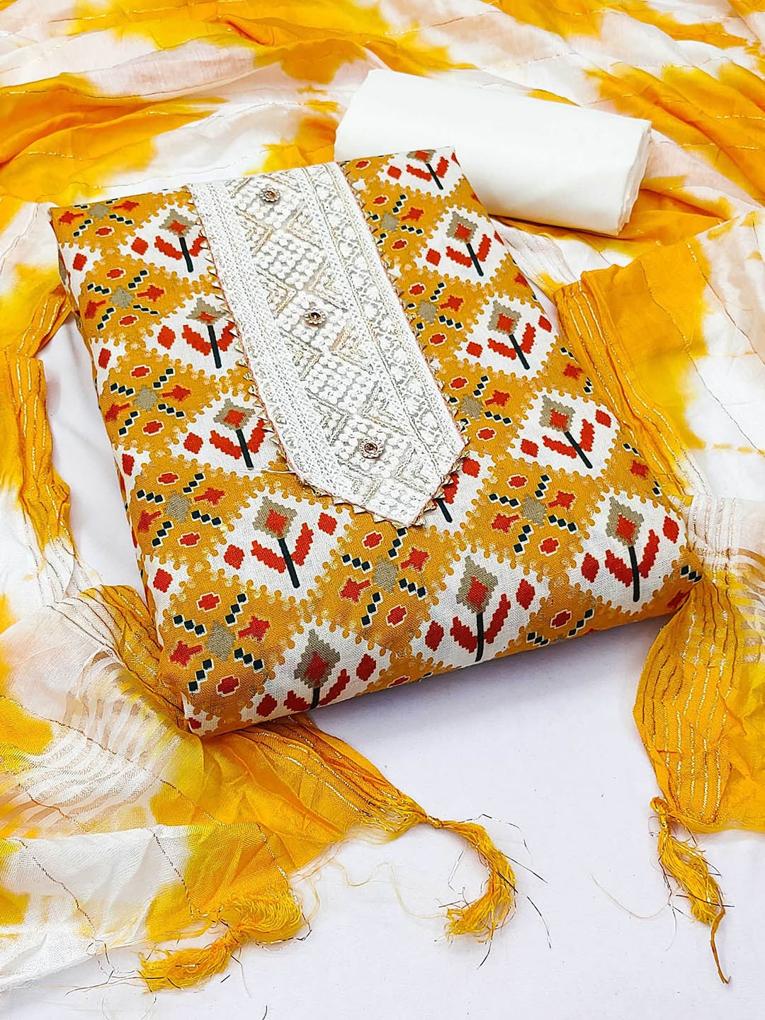 

Ishin Yellow & White Ethnic Motifs Printed Pure Cotton Unstitched Dress Material