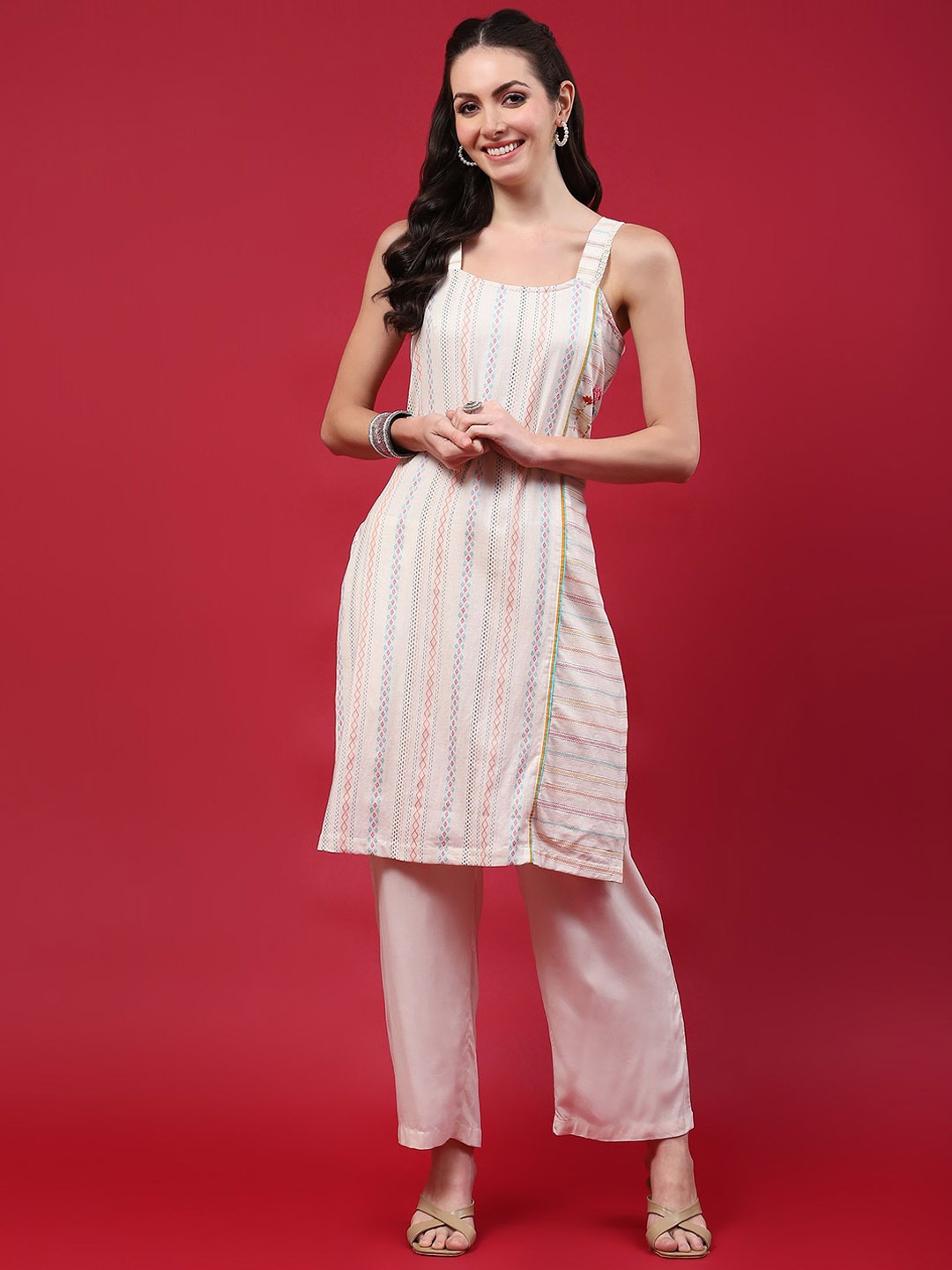 

Shree Pure Cotton Straight Kurta with Trousers, Off white