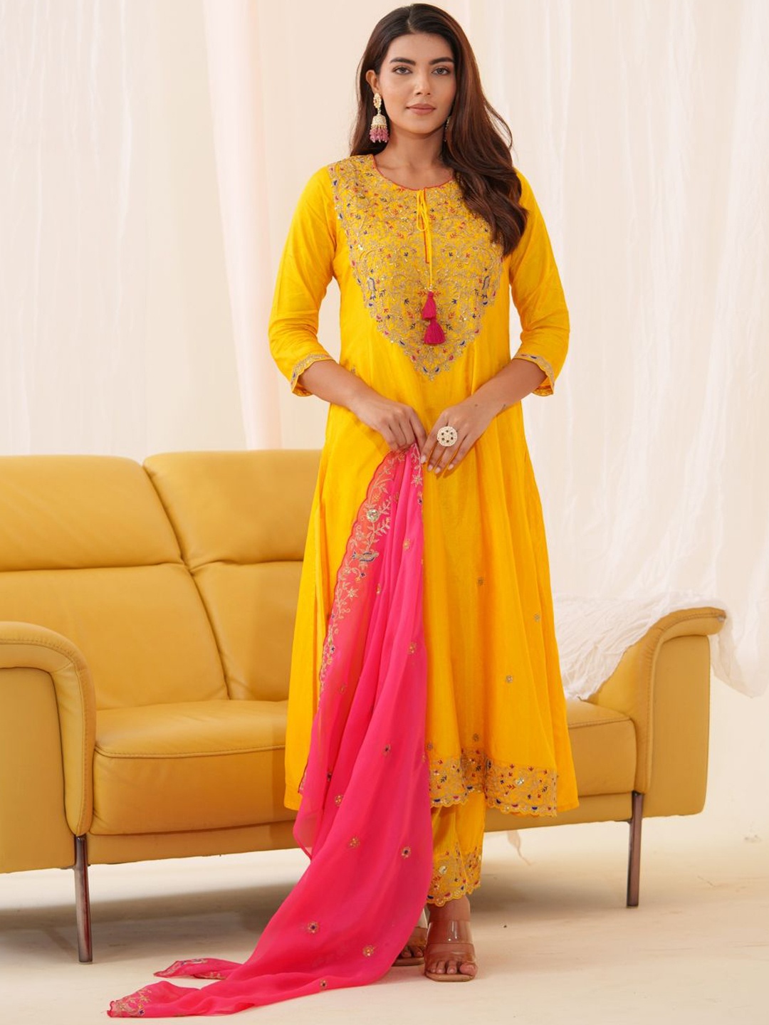 

Sangria Floral Embroidered Thread Work A Line Kurta With Trousers & Dupatta, Yellow