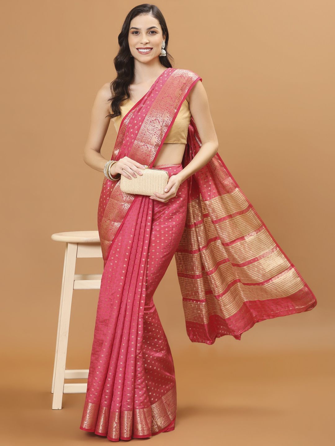 

Meena Bazaar Woven Design Zari Art Silk Saree, Pink