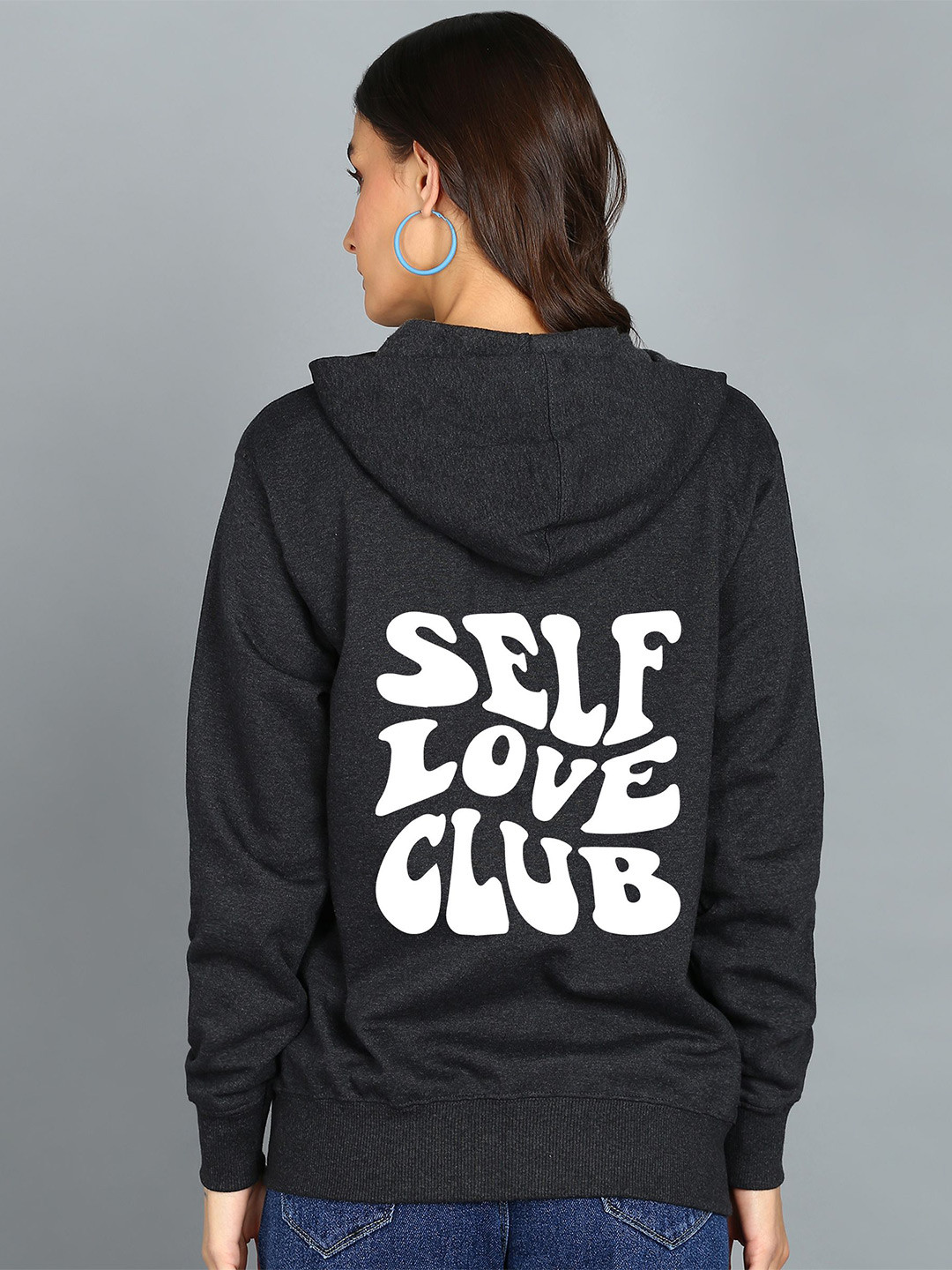 

FALTU.CO Women Printed Zip Detail Hooded Cotton Sweatshirt, Charcoal