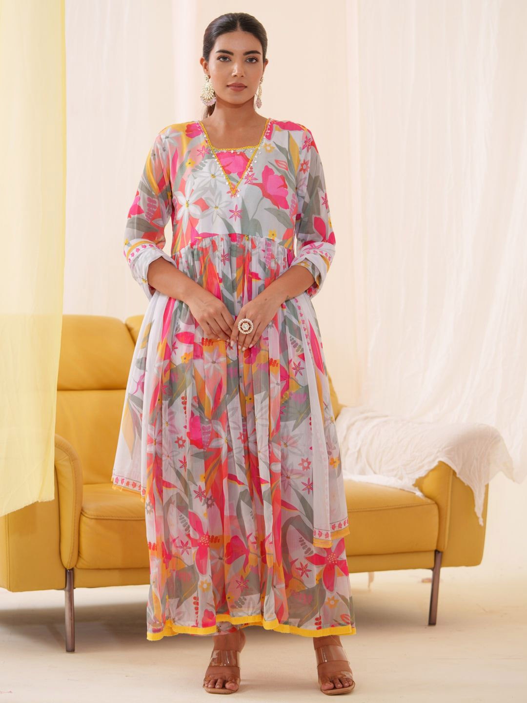 

Sangria Ethnic Motifs Printed & Embroidered Anarkali Kurta With Trousers & Dupatta, White