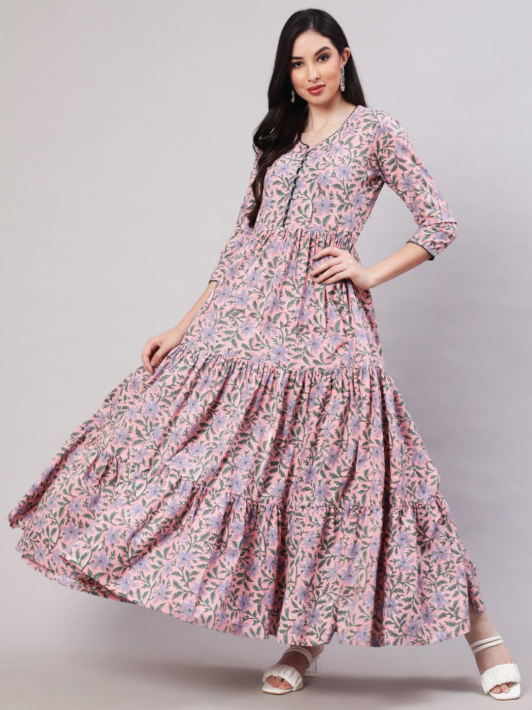 

GLAM ROOTS Floral Printed V-Neck Fit and Flare Ethnic Dresses, Pink