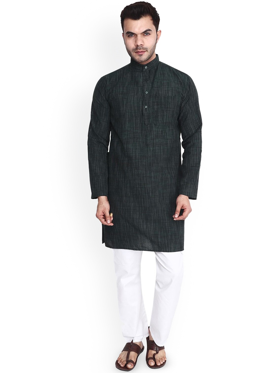 

Aaryavar Woven Band Collar Long Sleeves Khadi Straight Kurta, Green