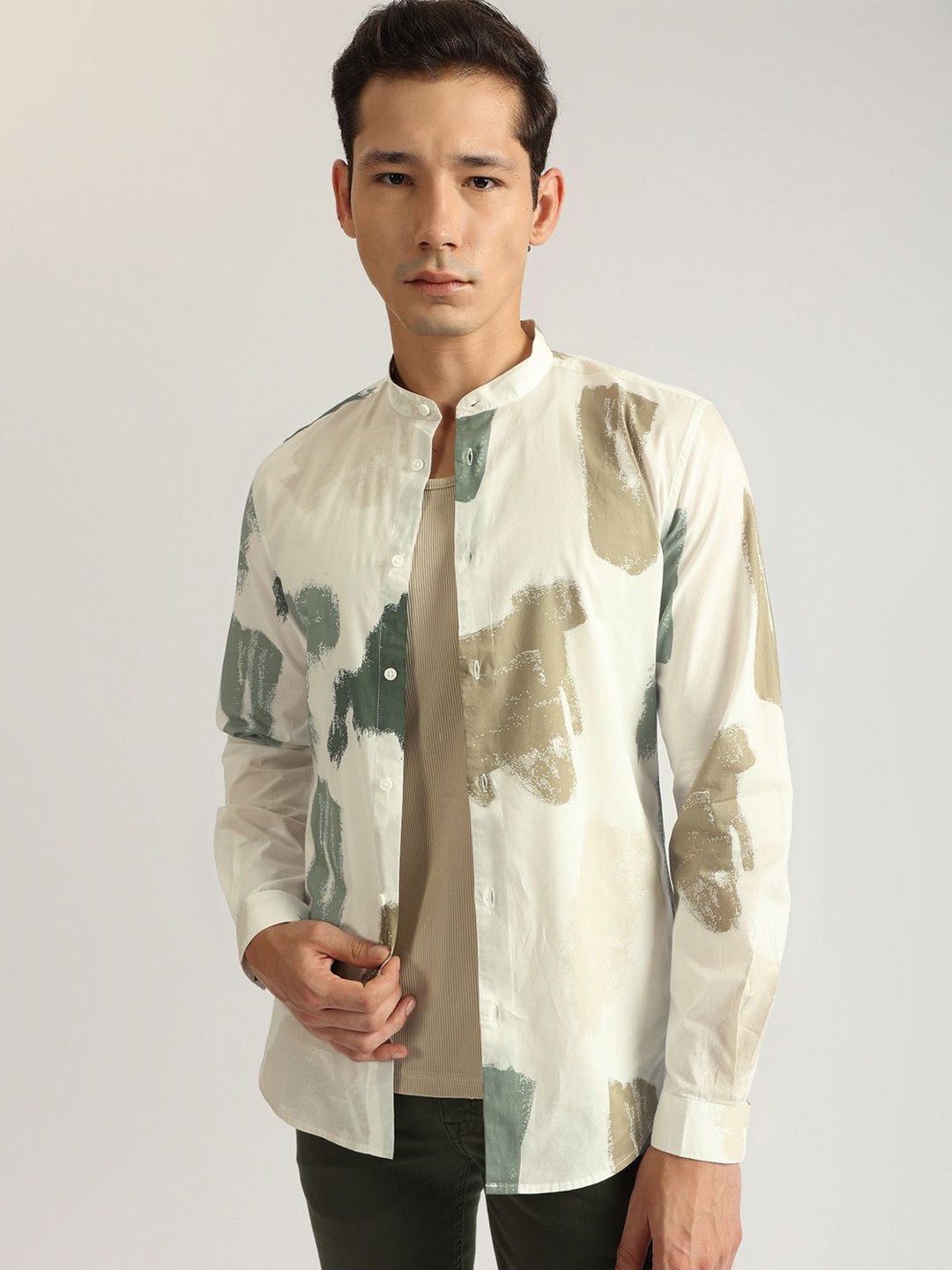 

Antony Morato Men Band Collar Abstract Printed Cotton Slim Fit Casual Shirt, Multi