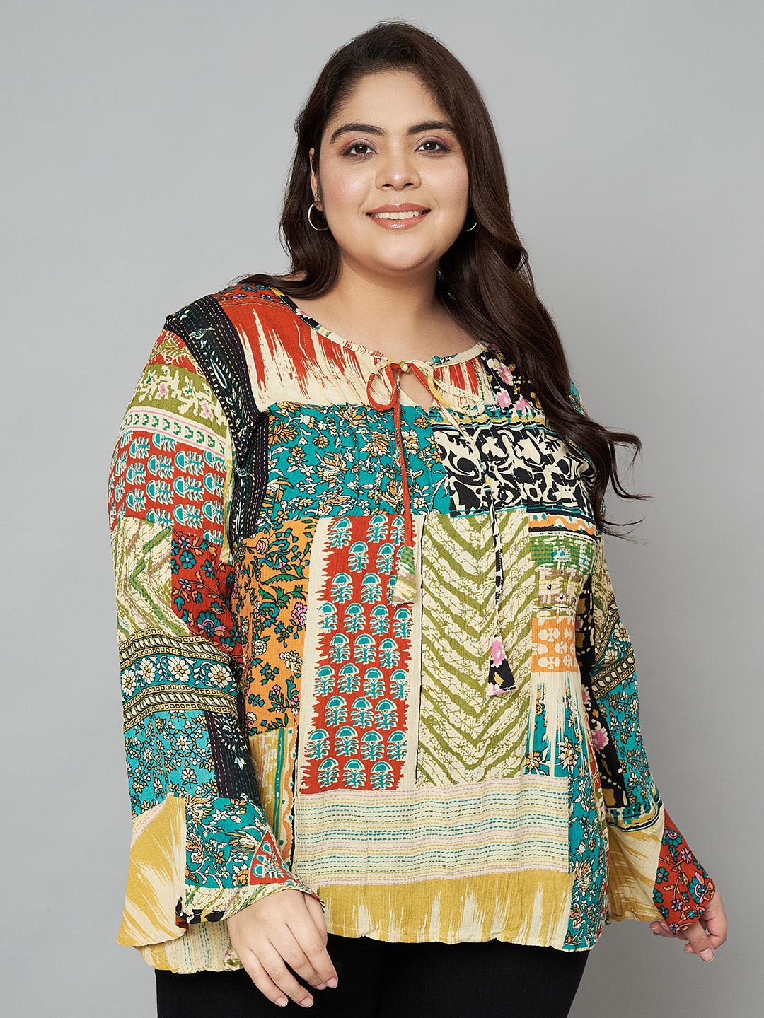 

VELDRESS Women Ethnic Motifs Printed Tie-Ups Top, Green