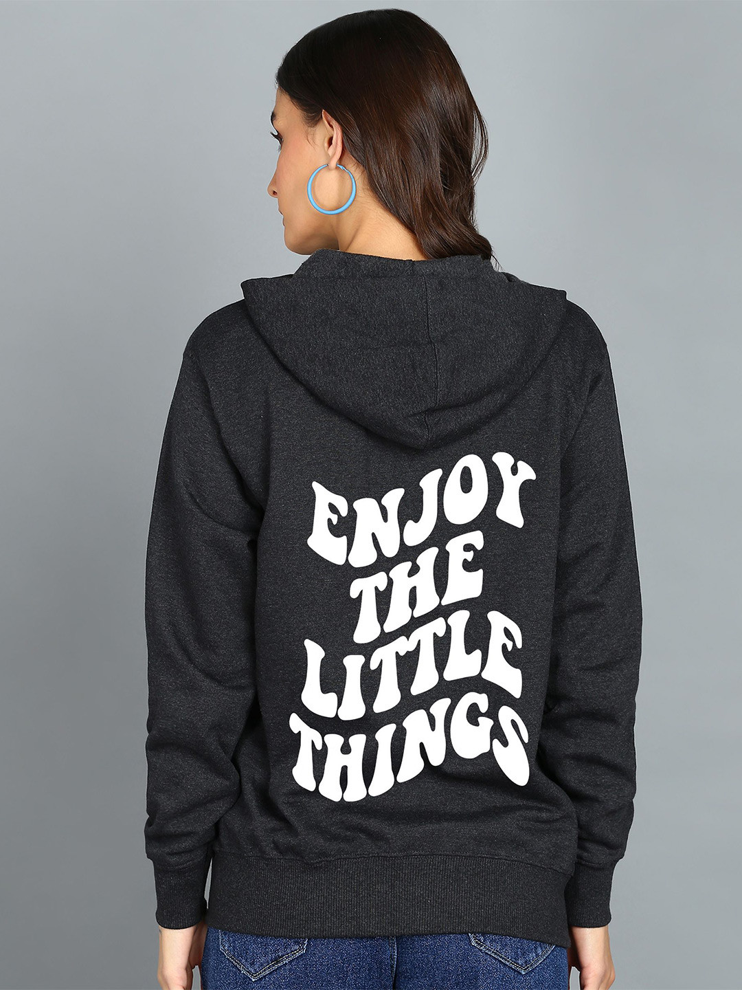 

FALTU.CO Women Typography Printed Hooded Ribbed Cotton Sweatshirt, Charcoal