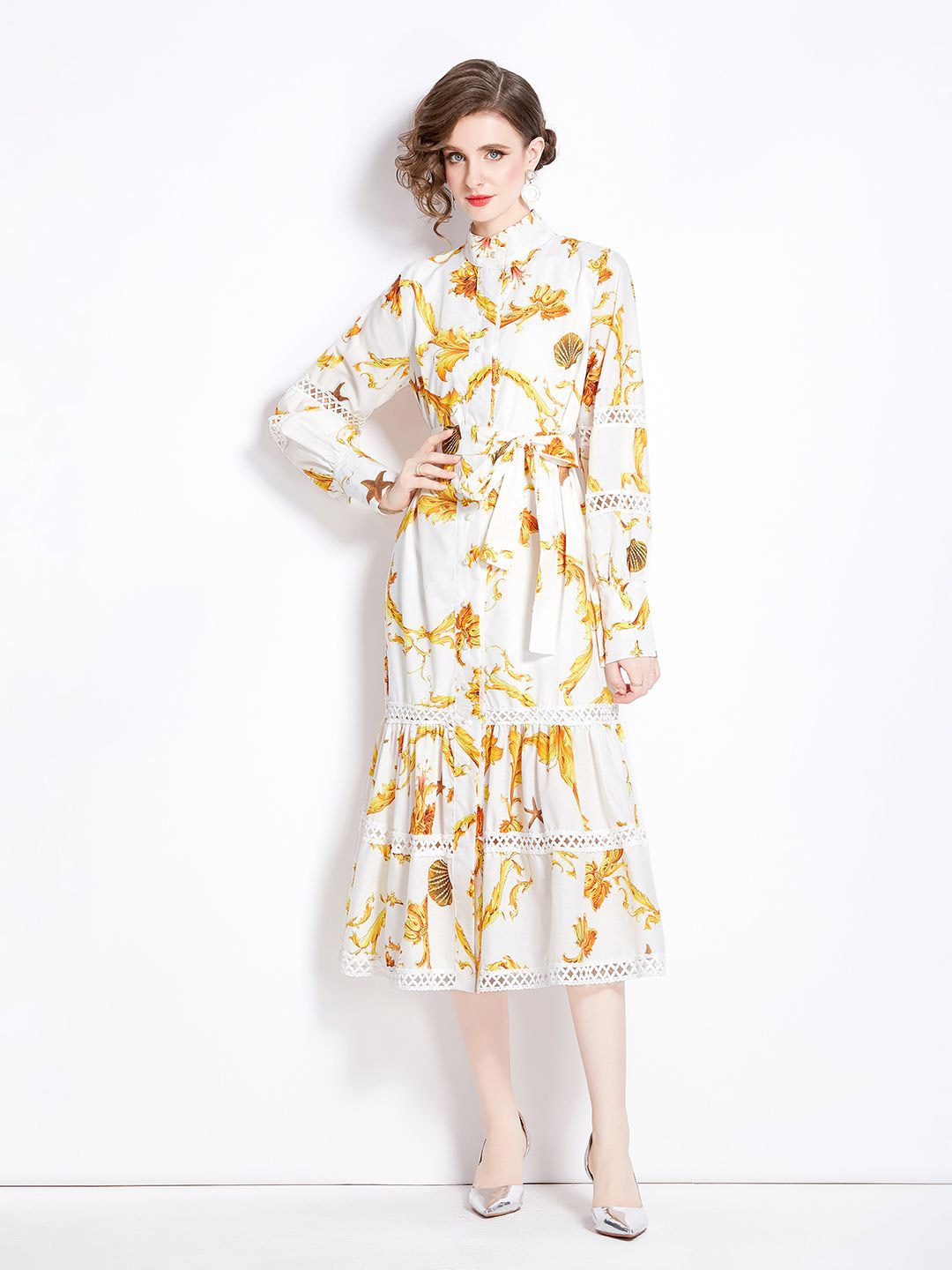 

JC Collection Women Floral Printed Mandarin Collar A-Line Dress, Yellow