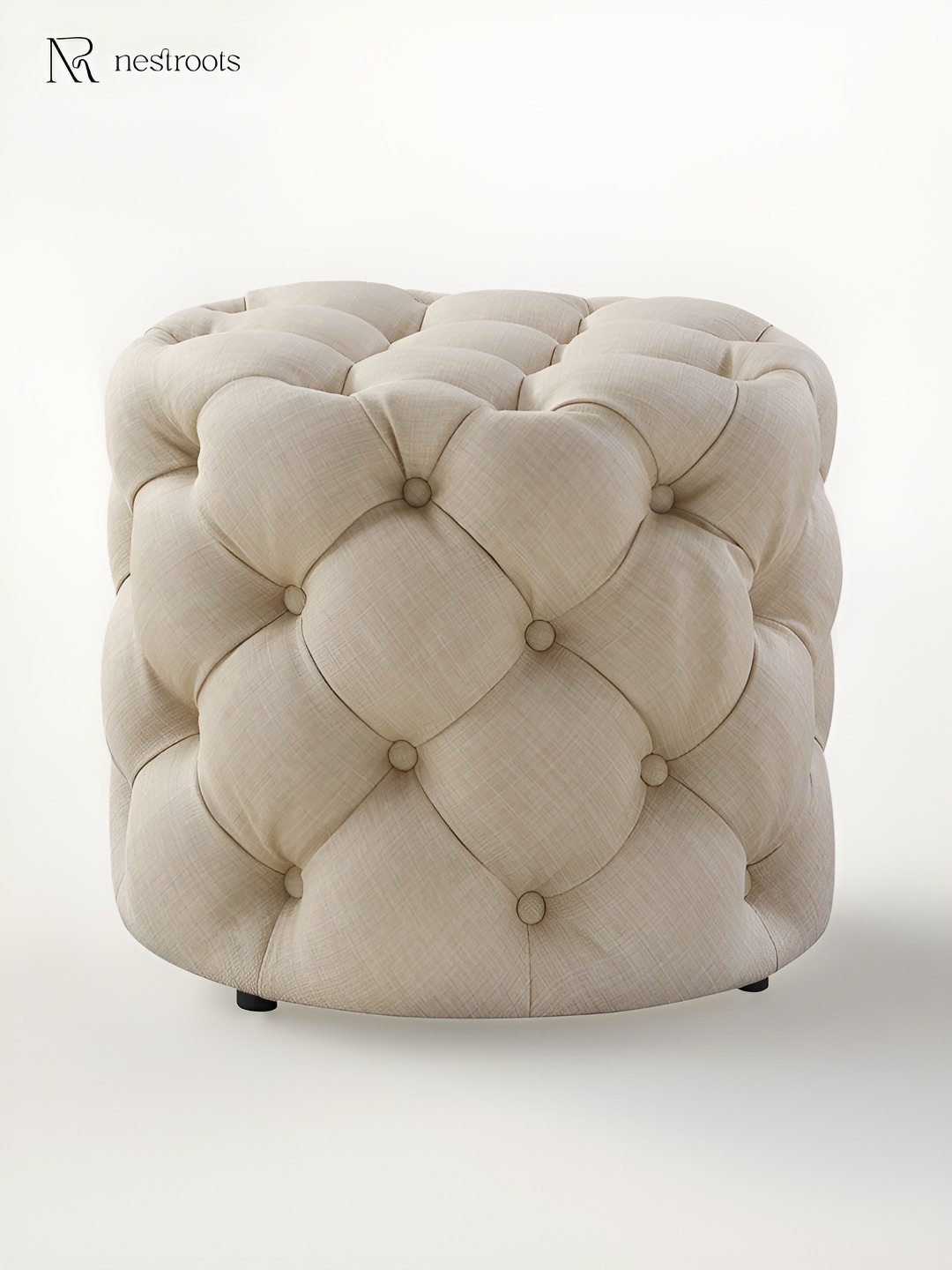 

nestroots Beige Round Shape Wooden Velvet Ottoman