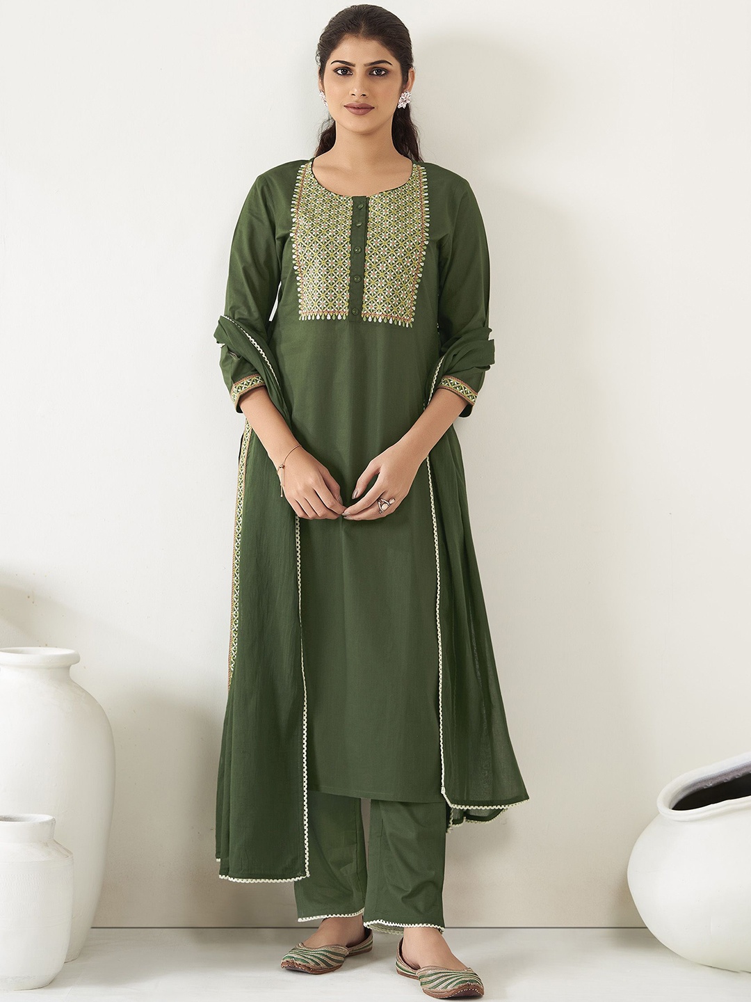 

Anouk Floral Embroidered Thread Work Pure Cotton Straight Kurta With Trousers & Dupatta, Olive