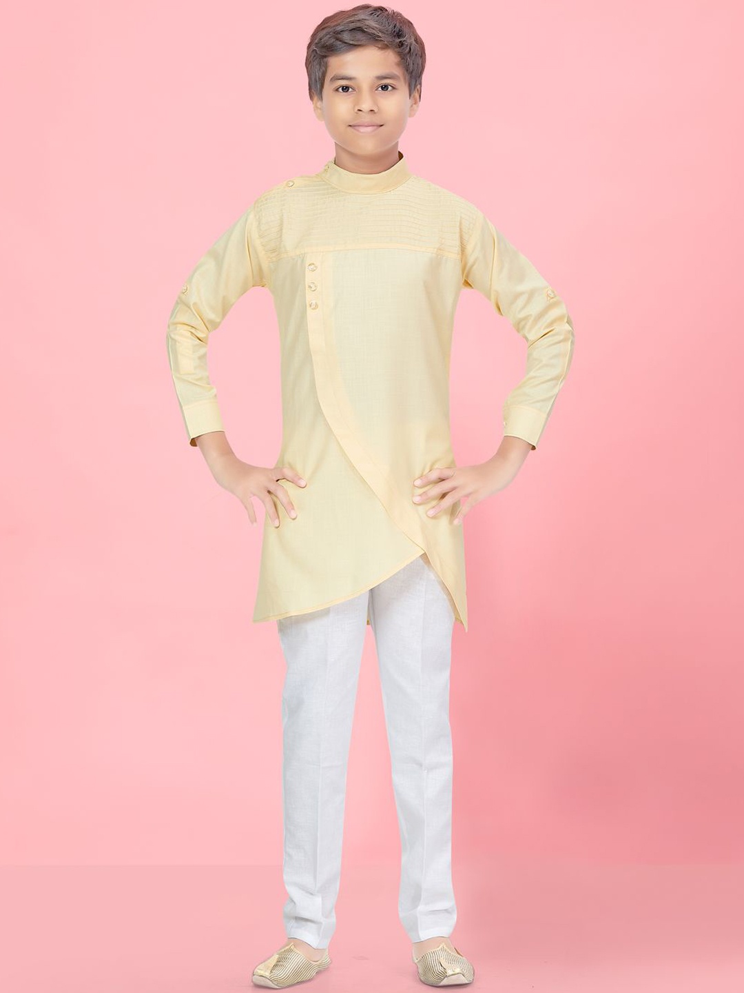 

BAESD Boys Angrakha Pure Cotton Straight Kurta with Trousers, Cream