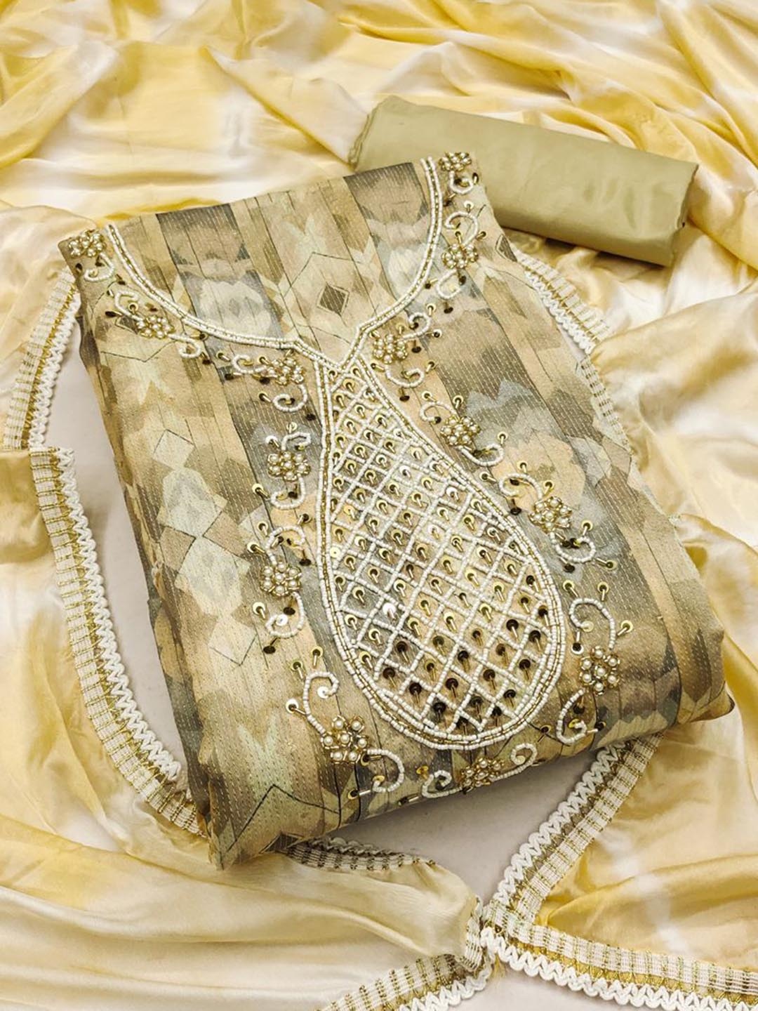 

ASISA Embroidered Beads & Stones Unstitched Dress Material, Cream