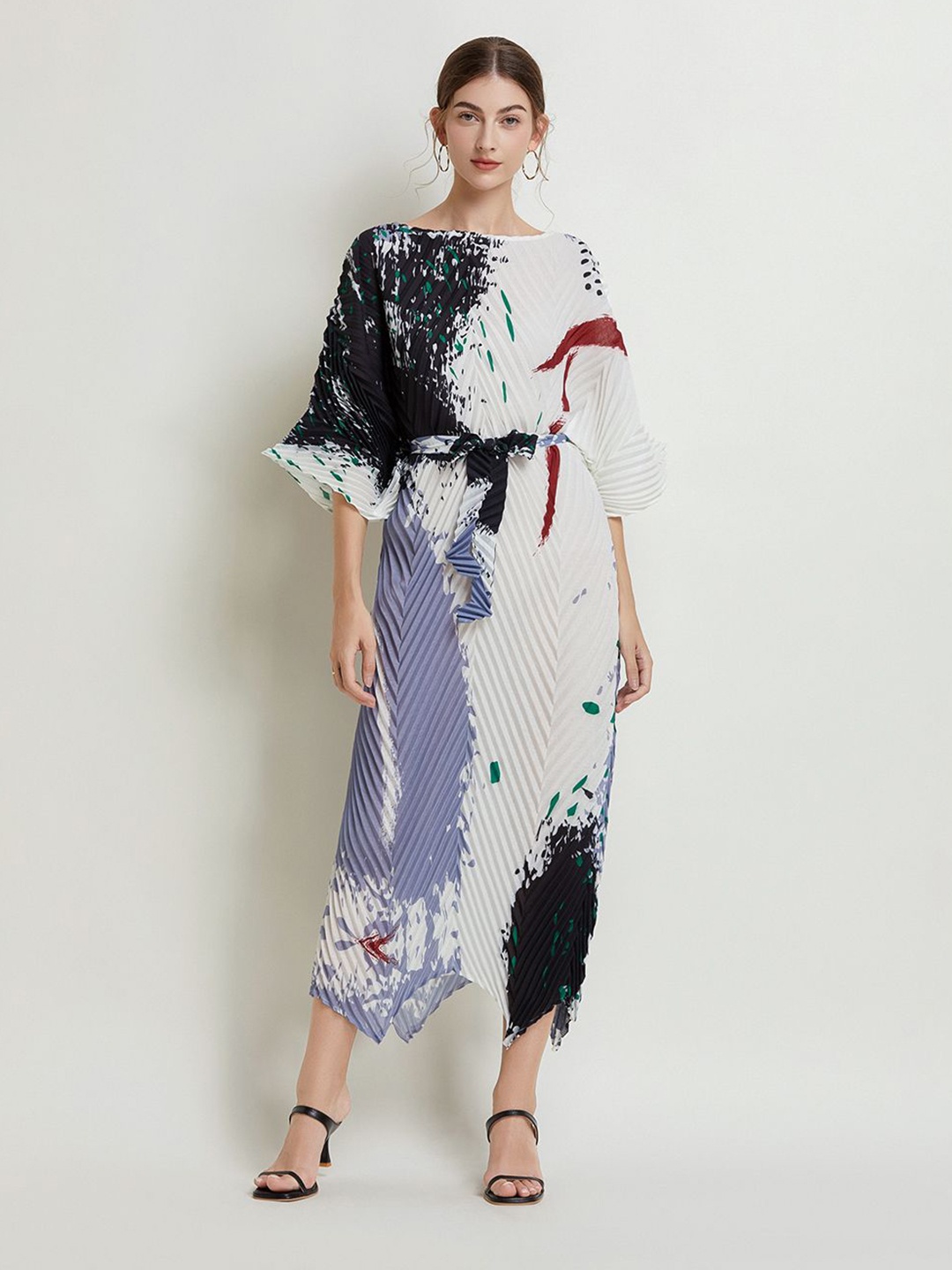 

JC Collection Boat Neck Abstract Printed Bell Sleeve Maxi Dress, Black