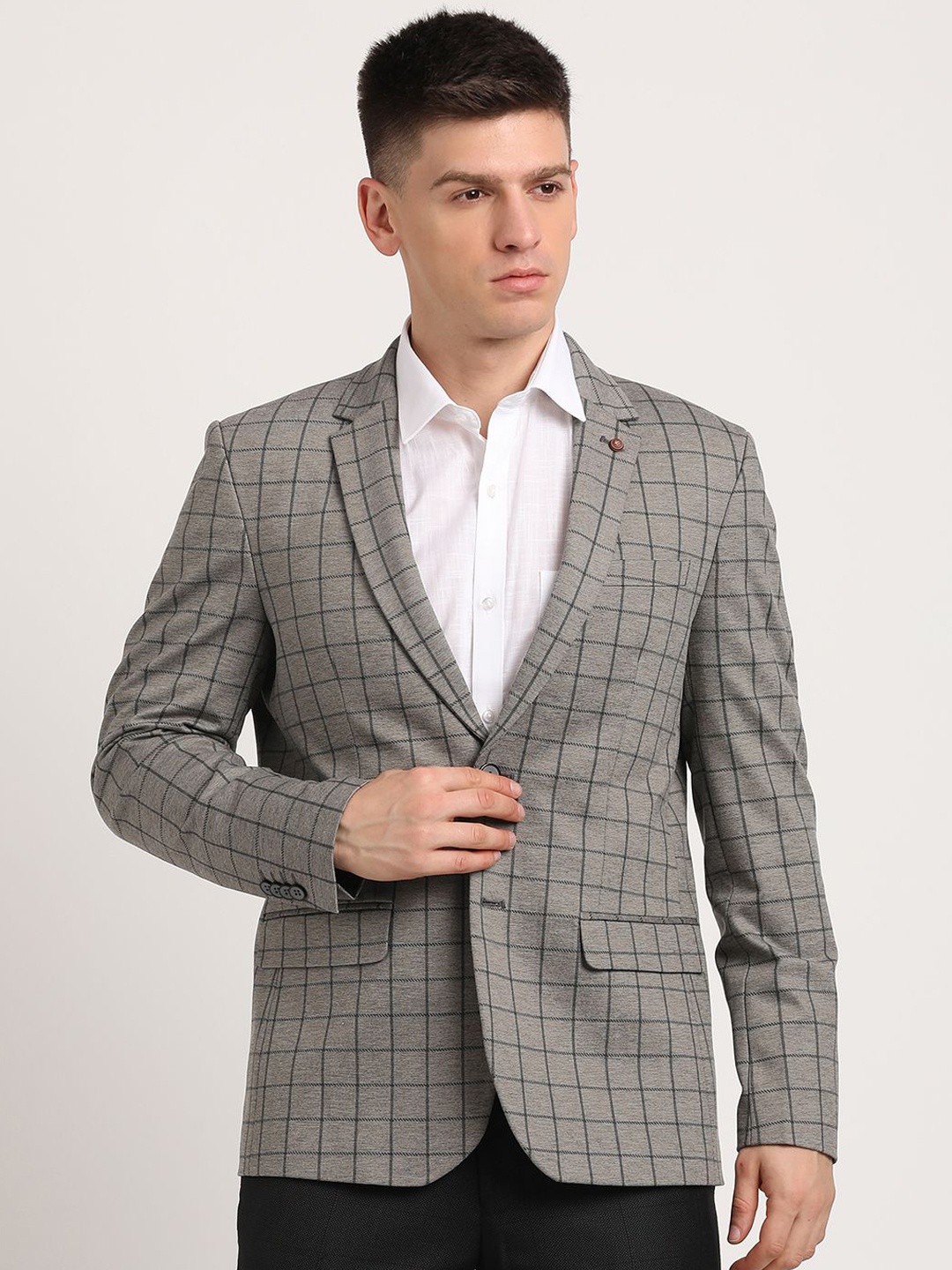 

Turtle Checked Single-Breasted Casual Blazer, Grey