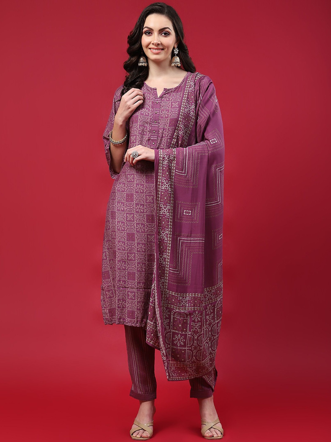 

Shree Floral Printed Notch Neck A Line Kurta with Trousers & Dupatta, Magenta