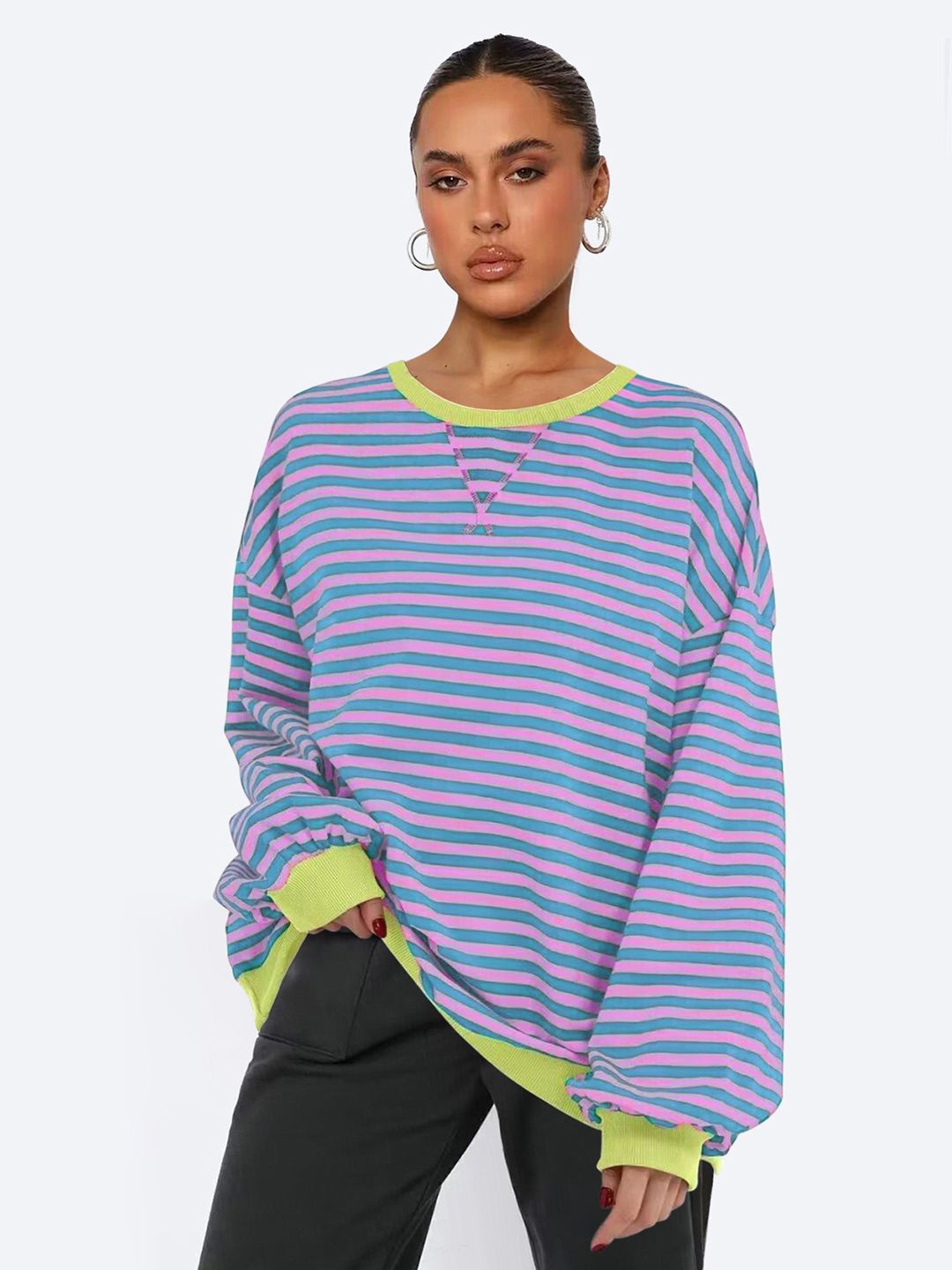 

JC Mode Women Striped Round Neck Sweatshirt, Purple