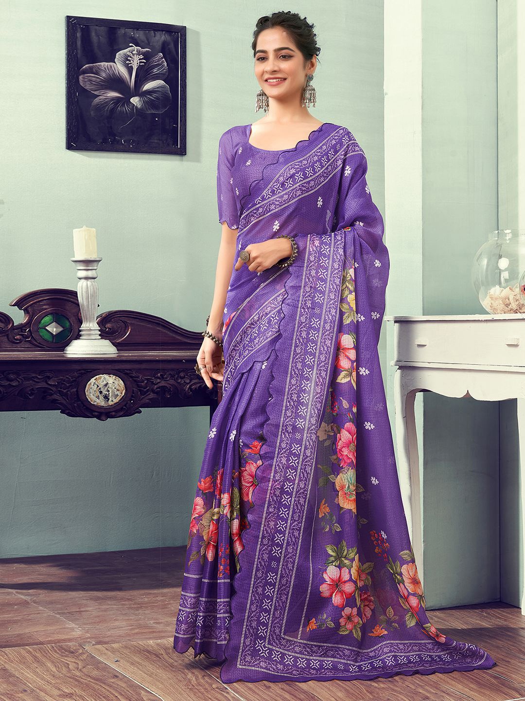 

all about you Floral Printed Ready to Wear Saree, Purple