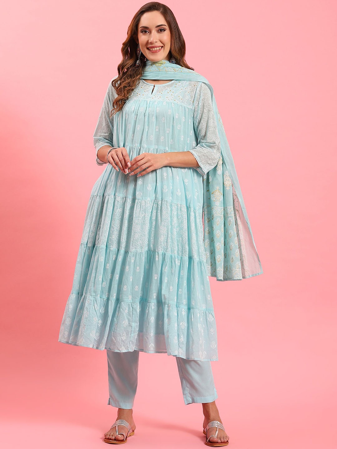 

Shree Floral Printed Keyhole Neck Pure Cotton Anarkali Kurta With Trousers & Dupatta, Blue