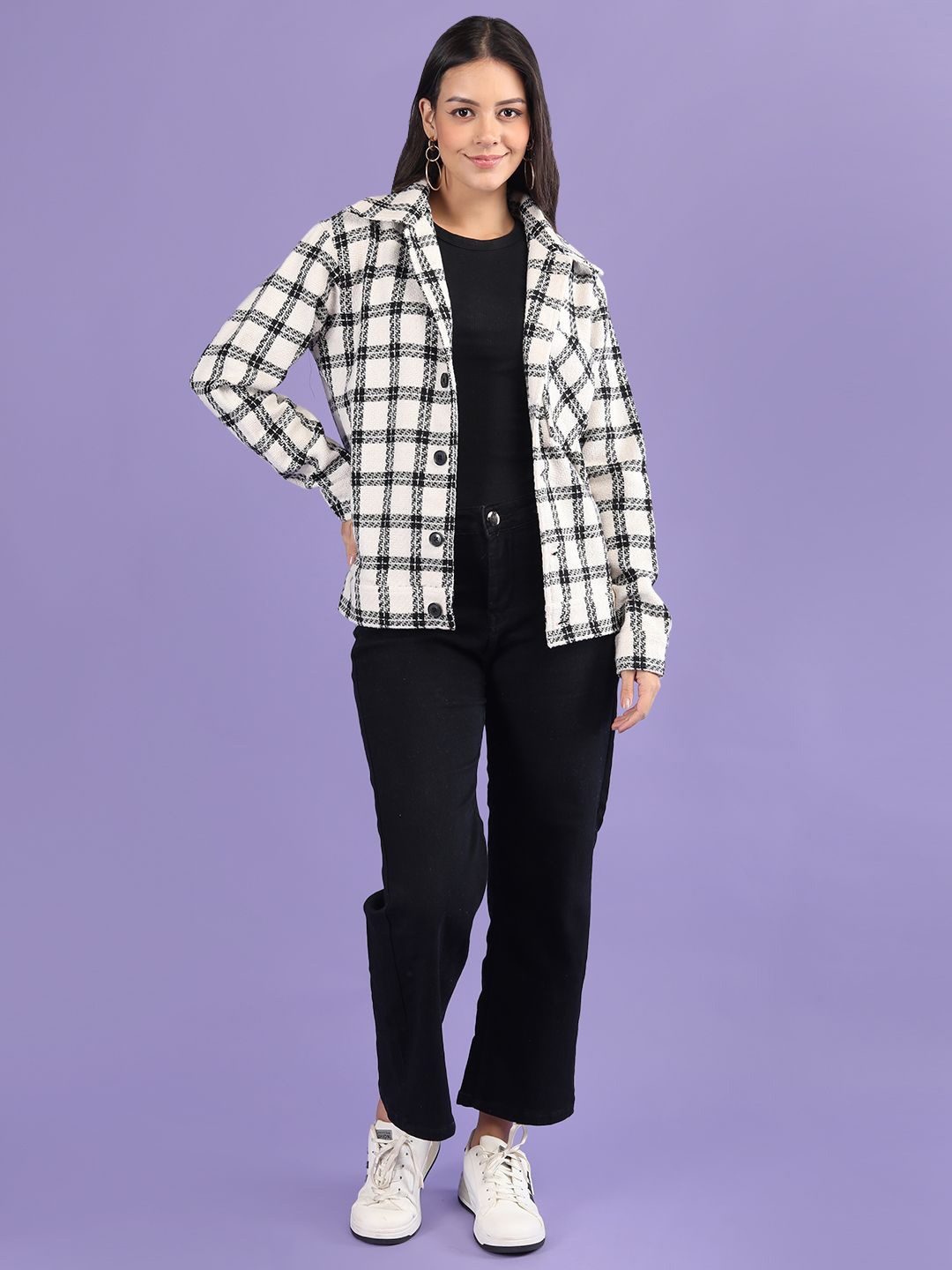 

CHKOKKO Women Checked Single-Breasted Shacket, White