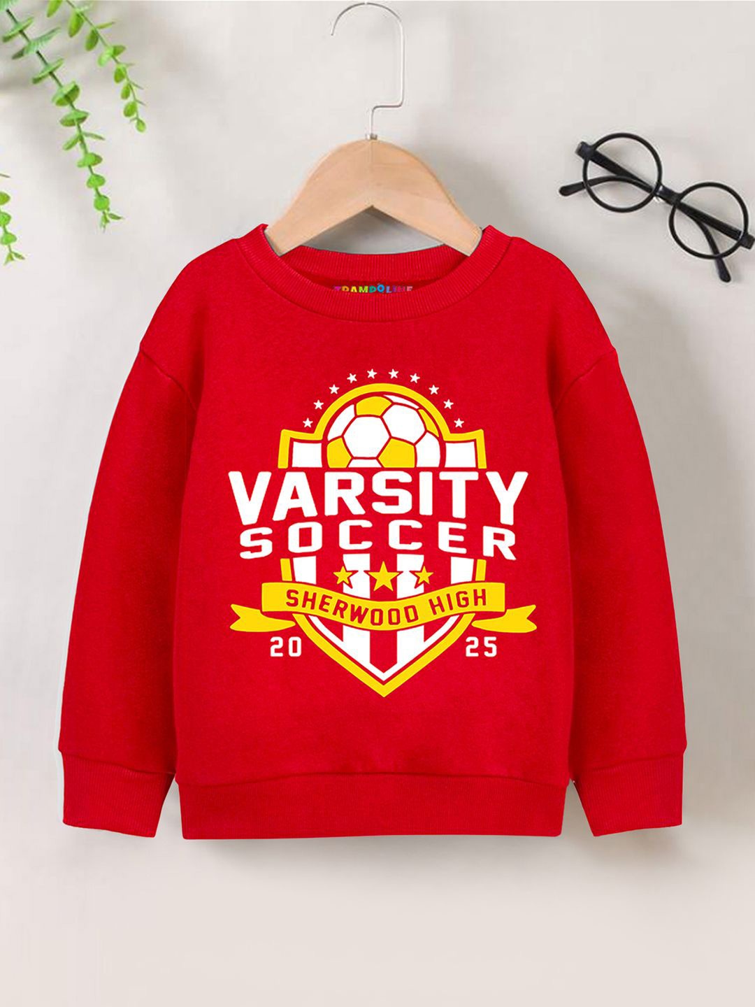 

YK X Trampoline Unisex Kids Typography Printed Pullover Ribbed Cotton Sweatshirt, Red