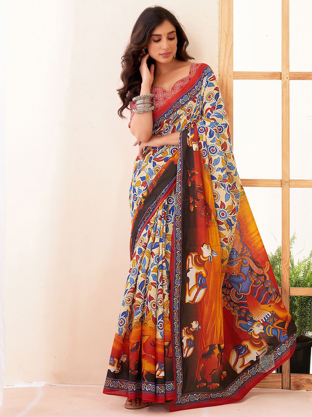 

all about you Printed Kalamkari Pure Cotton Saree, Mustard
