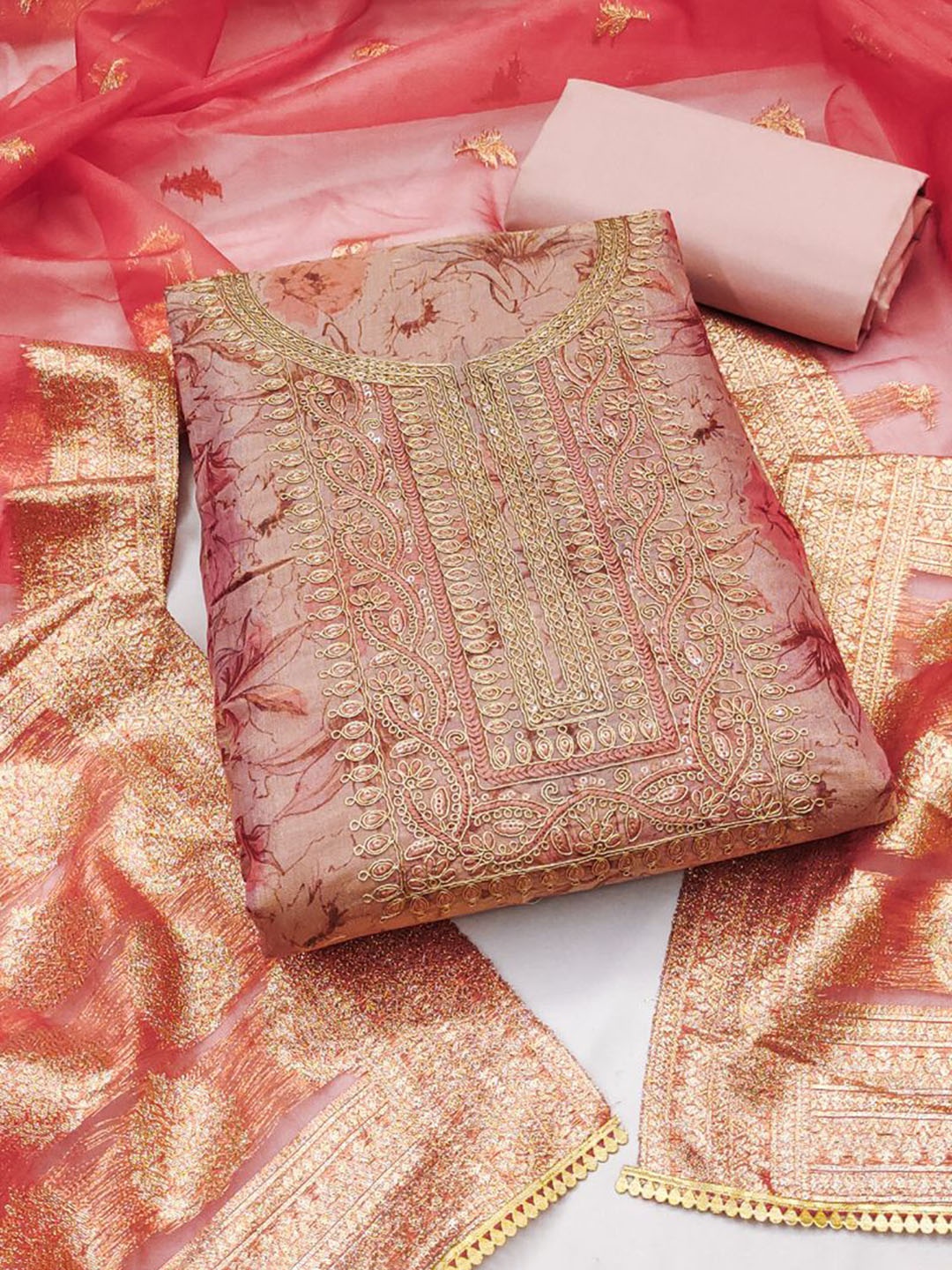 

ASISA Floral Embroidered Beads and Stones Unstitched Dress Material, Pink