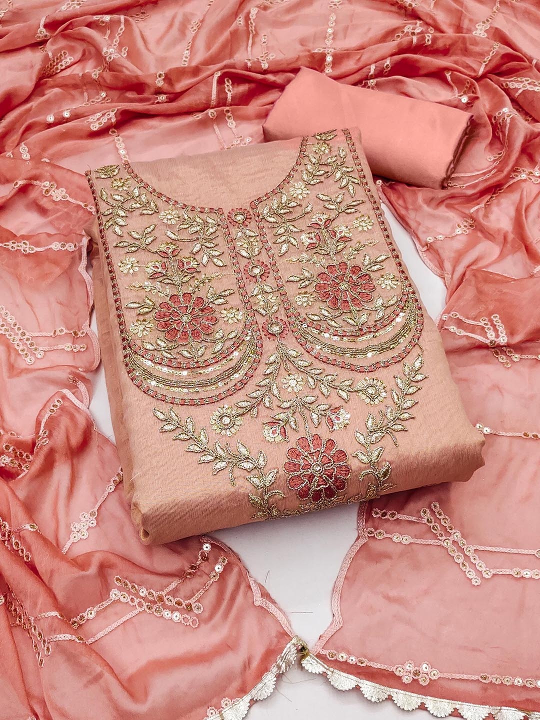 

Ishin Pink & Gold-Toned Floral Embroidered Unstitched Dress Material