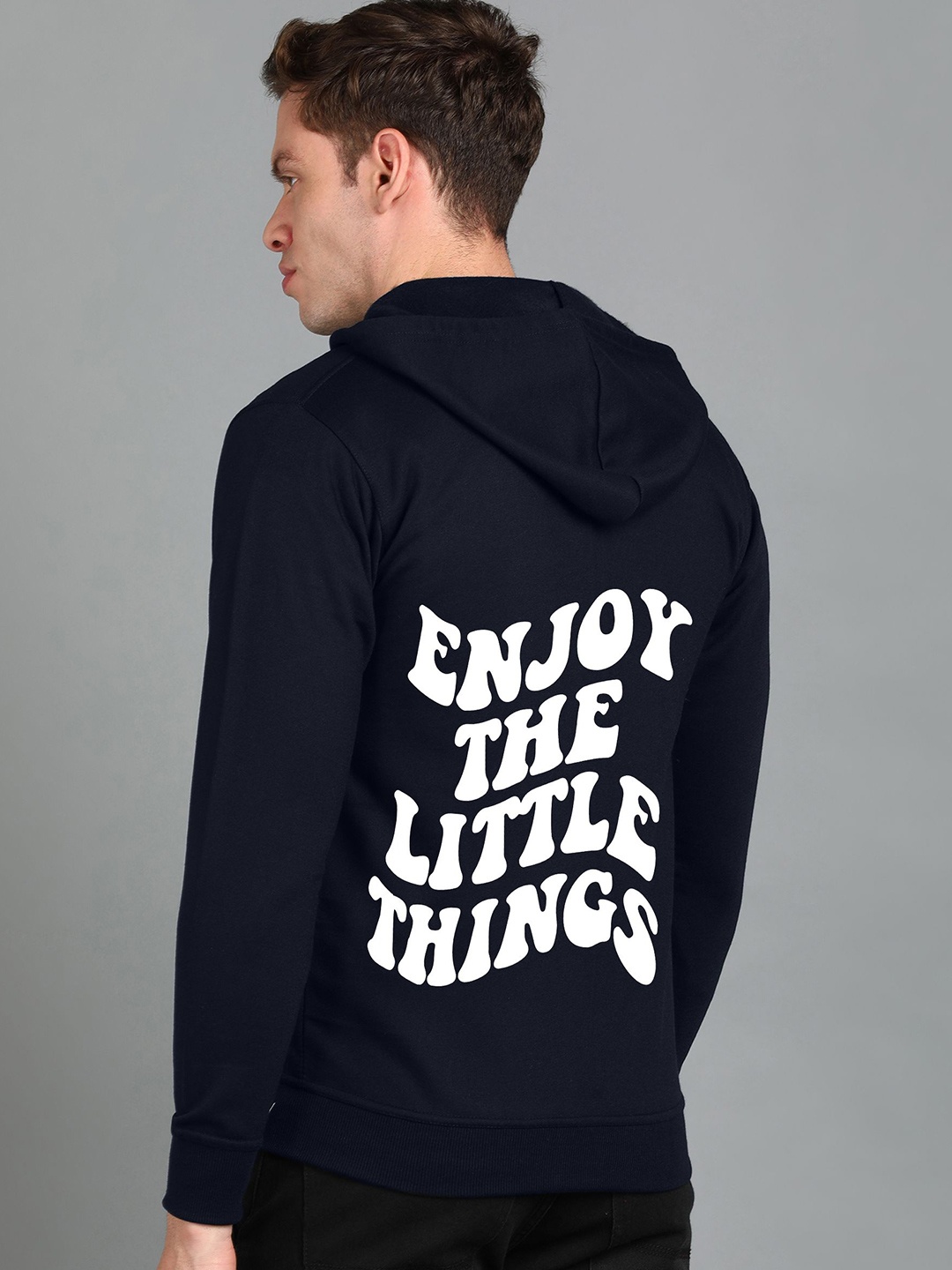 

FALTU.CO Men Printed Zip Detail Hooded Cotton Sweatshirt, Navy blue