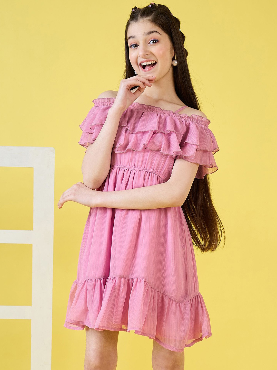 

Stylo Bug Girls Flutter Sleeve Ruffles A-Line Dress, Pink