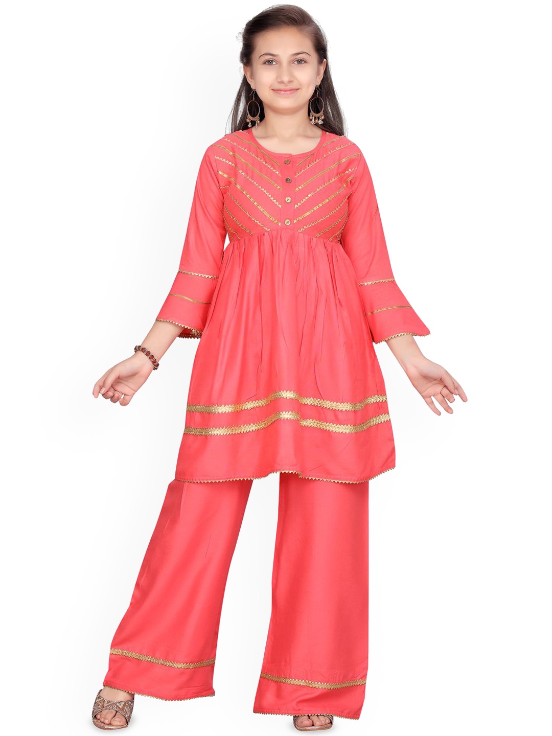 

BAESD Girls Bell Sleeves Gotta Patti Pure Cotton A-Line Kurta with Palazzo, Orange