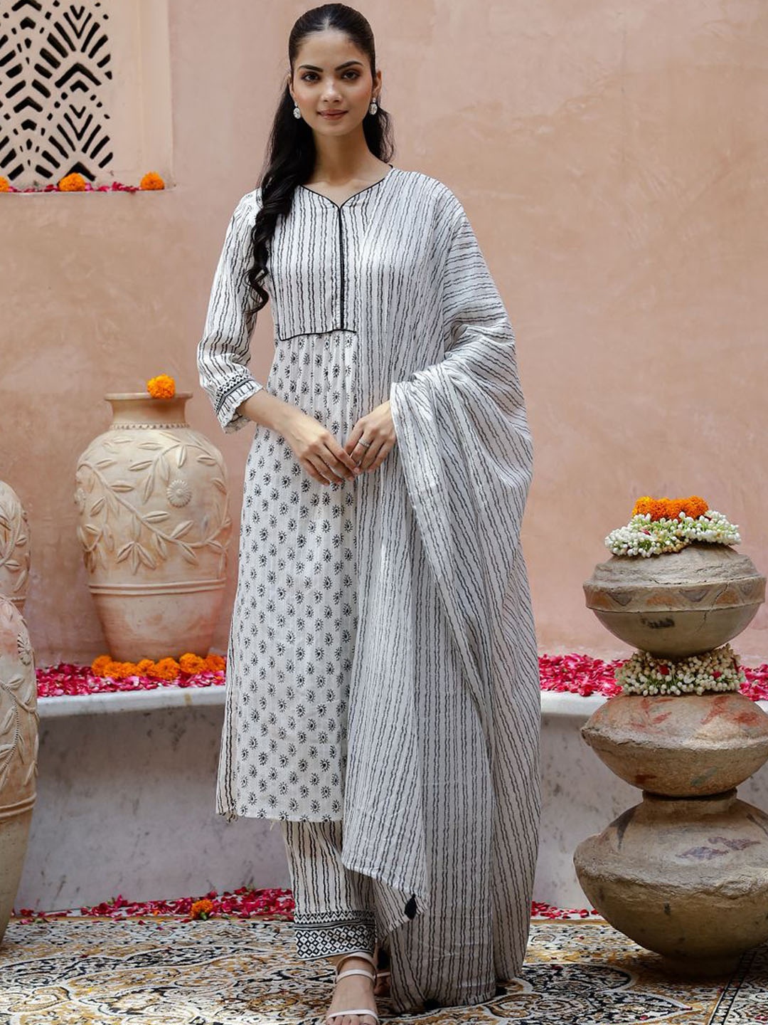 

RangDeep Ethnic Motifs Printed Pure Cotton Straight Kurta with Trousers & With Dupatta, White