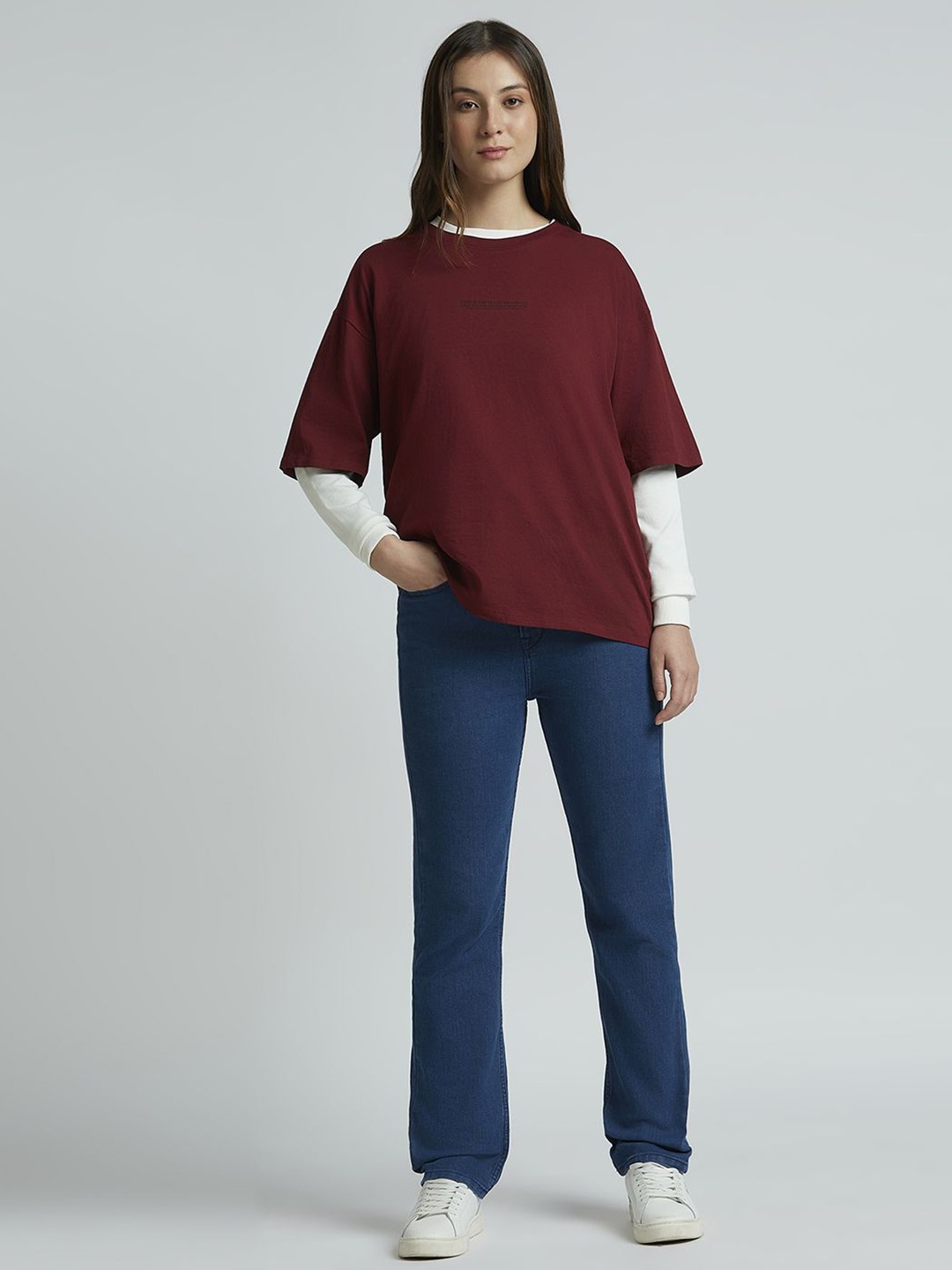 

Pepe Jeans Women Solid Round Neck Pure Cotton Oversized T-shirt, Maroon