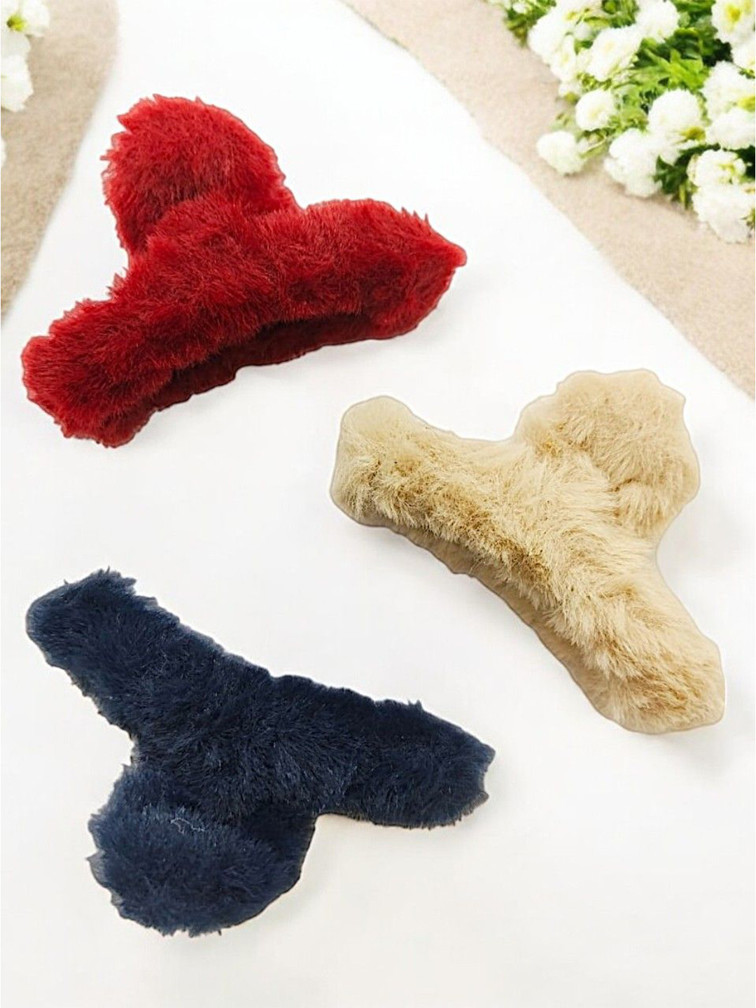 

9blings Women Set of 3 Fur Claw Clips, Red
