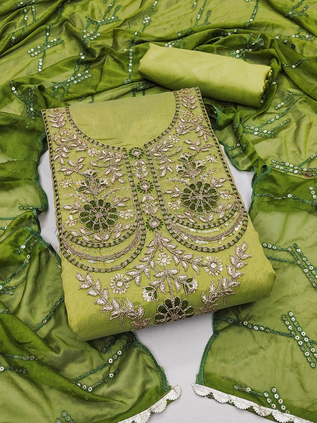 

Ishin Embroidered Zari Unstitched Dress Material, Green