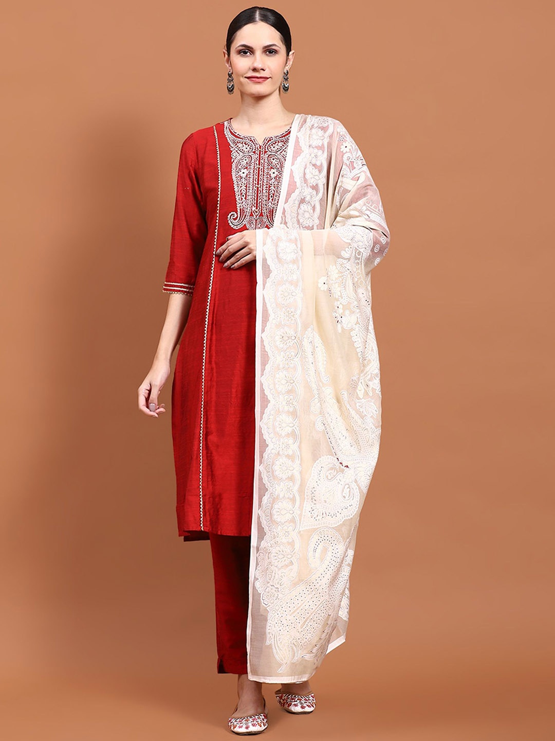 

Shree Ethnic Motifs Yoke Design Notch Neck Kurta With Trousers & Dupatta, Maroon