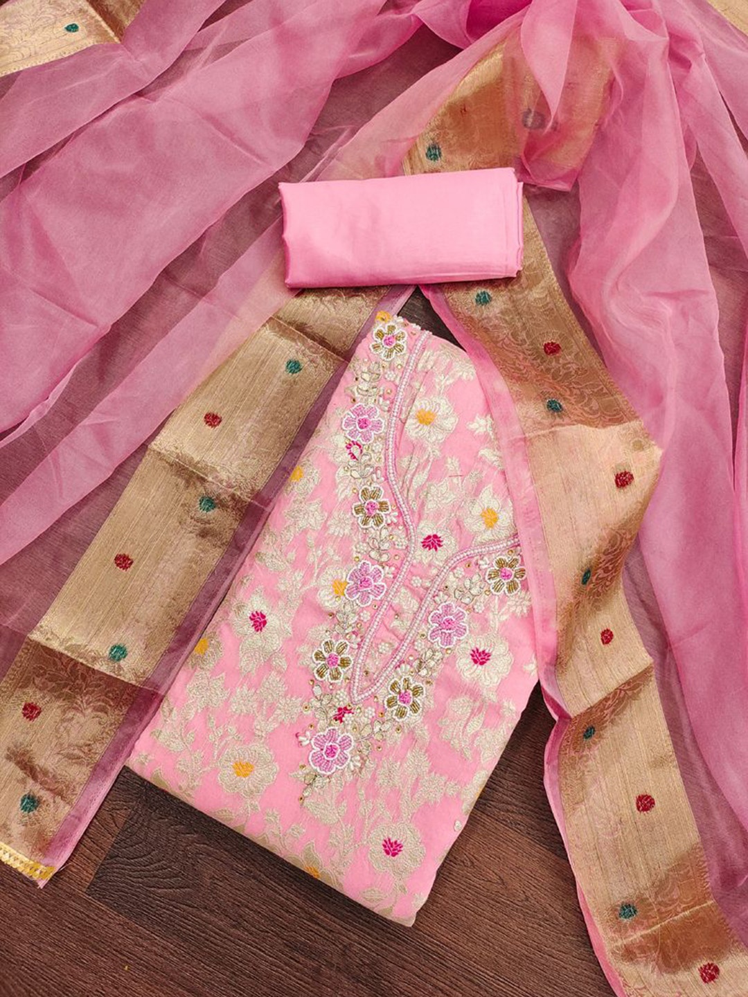 

ASISA Floral Embroidered Beads and Stones Unstitched Dress Material, Pink