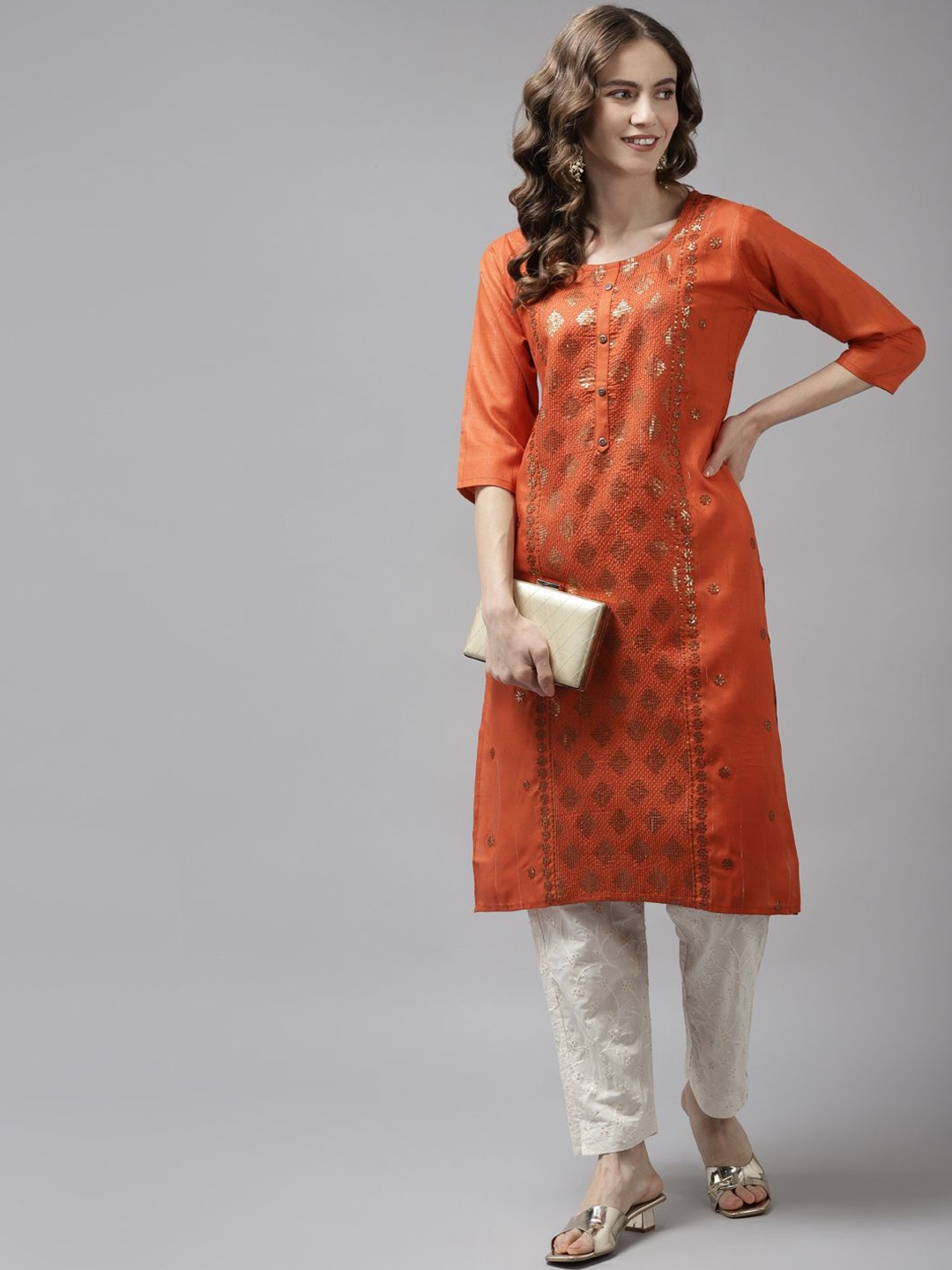 

BAESD Geometric Embellished Sequinned Regular Cotton Straight Kurta, Orange