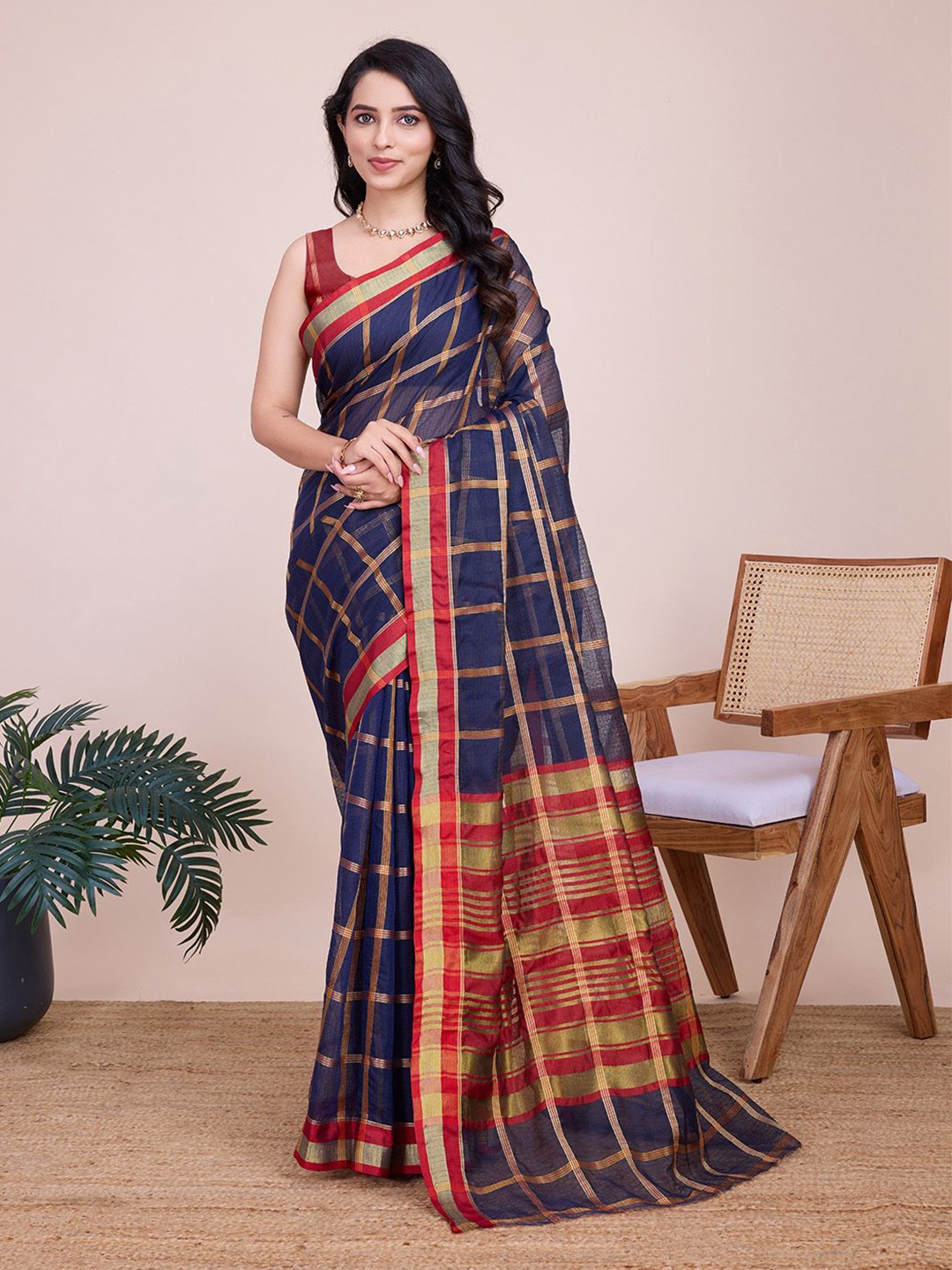 

Nimidiya Checked Zari Kota Saree, Navy blue