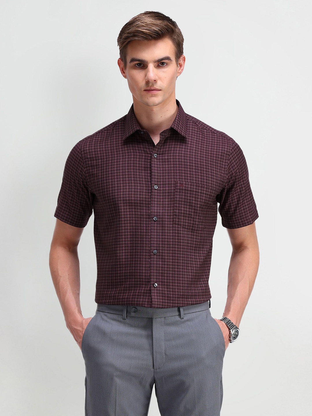 

Arrow Men Classic Spread Collar Solid Cotton Formal Shirt, Burgundy