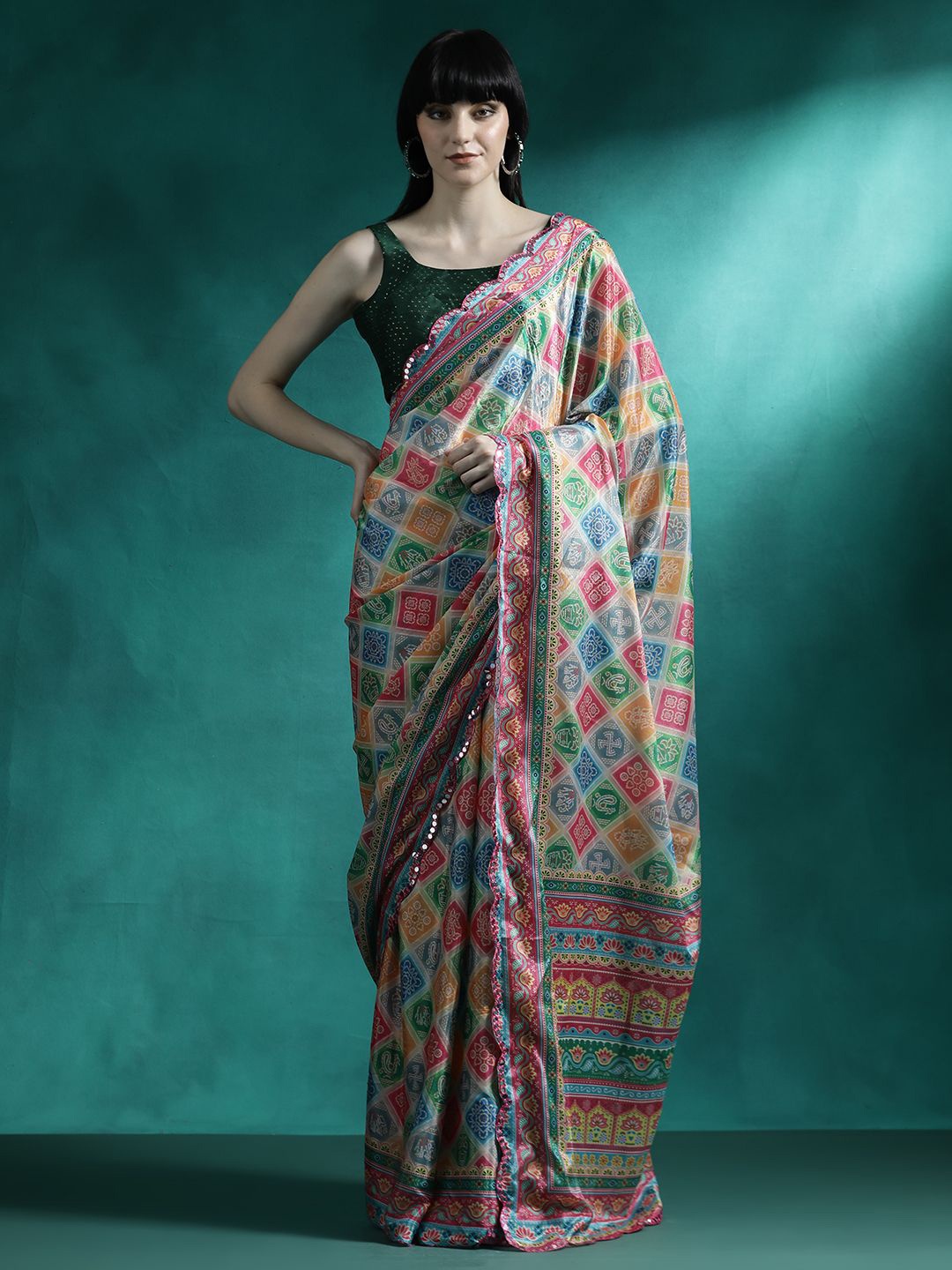 

Sangria Geometric Printed Mirror Work Saree, Green