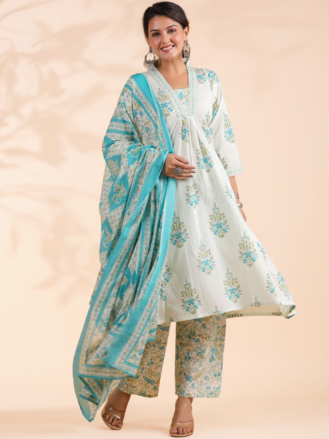

Vbuyz Floral Printed Empire Pure Cotton A Line Kurta & Palazzos With Dupatta, White