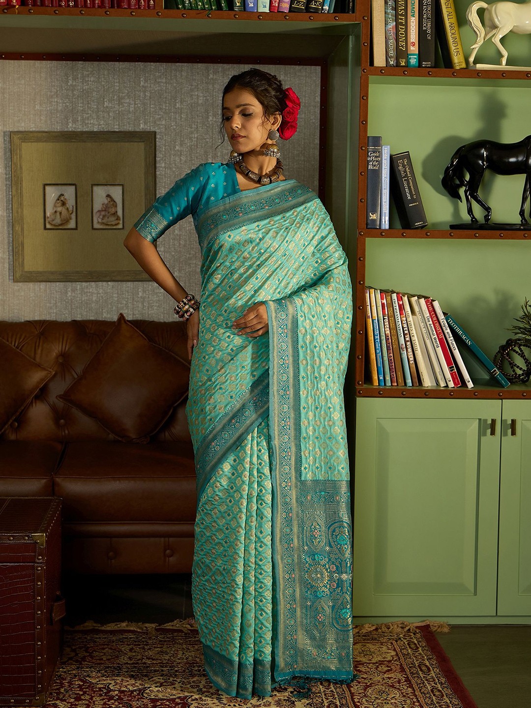 

Sangria Ethnic Motifs Woven Design Banarasi Saree With Unstitched Blouse, Blue